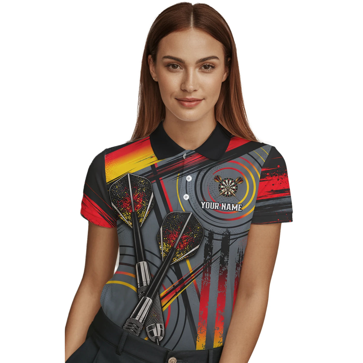 Personalisiertes Dartshirt in Grau, Schwarz, Rot und Gelb mit Dartpfeilen und Dartscheibe für Damen E2718