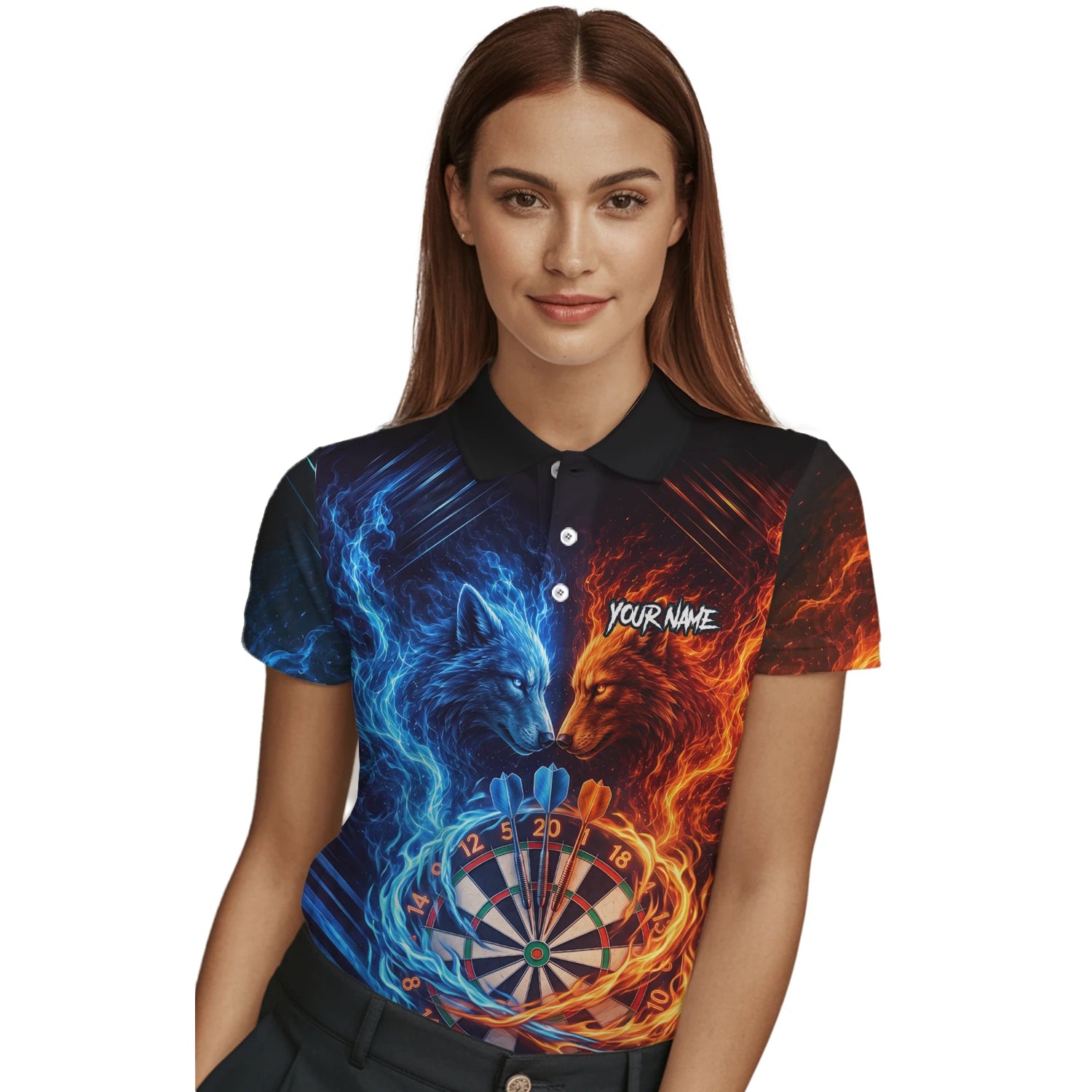 Personalisiertes Blau-oranges Wolf-Flammen-Dartboard Dartshirt für Damen A749