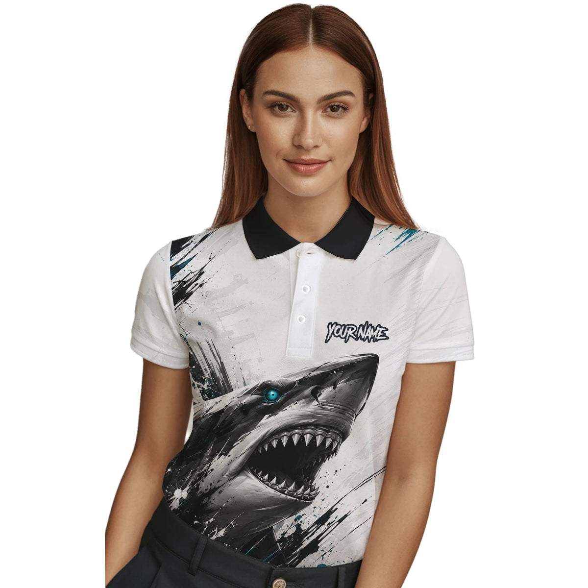 Personalisiertes Dartshirt mit weiß-schwarz-türkisem Hai für Damen D067