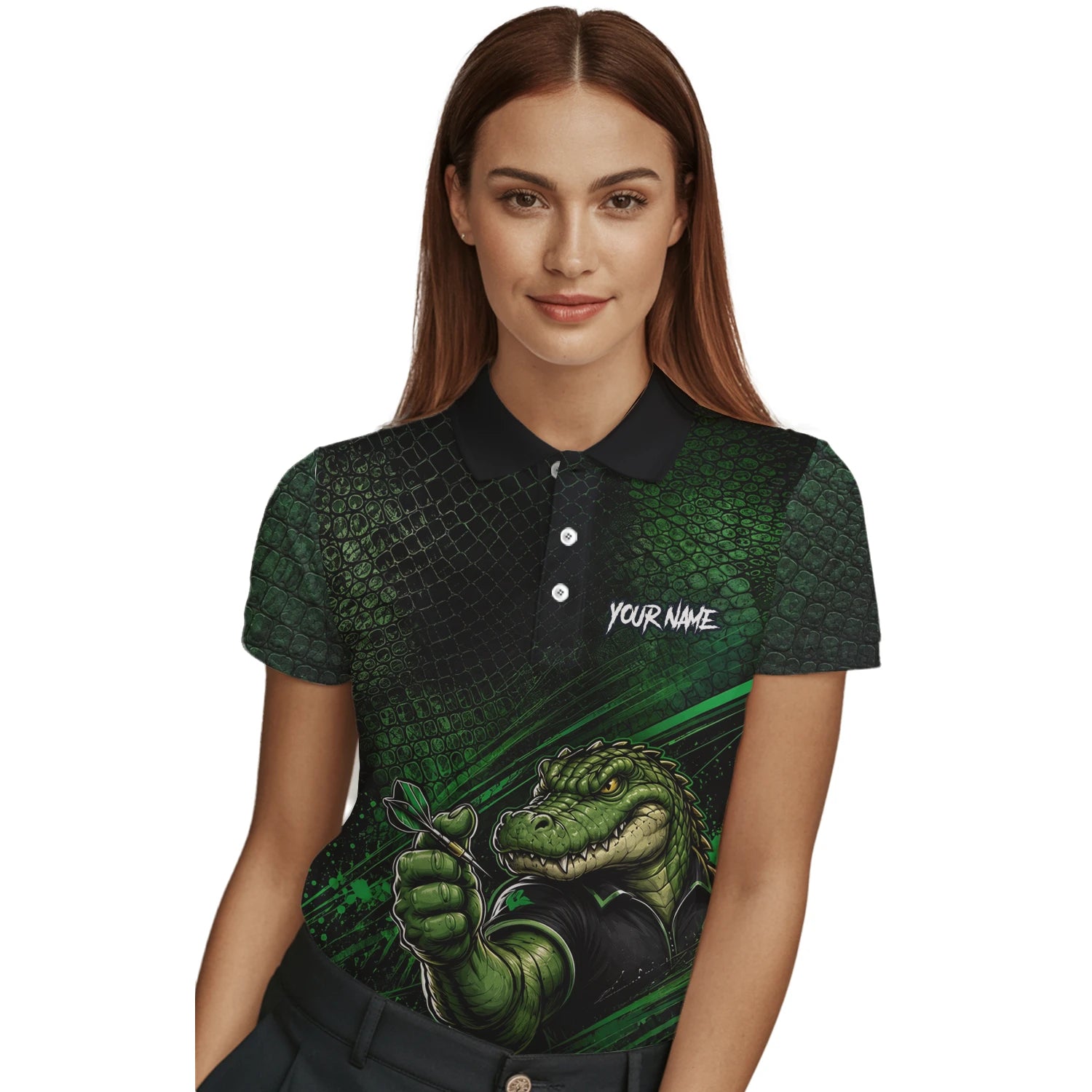 Personalisiertes Grün-schwarzes Alligator-Dartspieler-Dartshirt für Damen I987