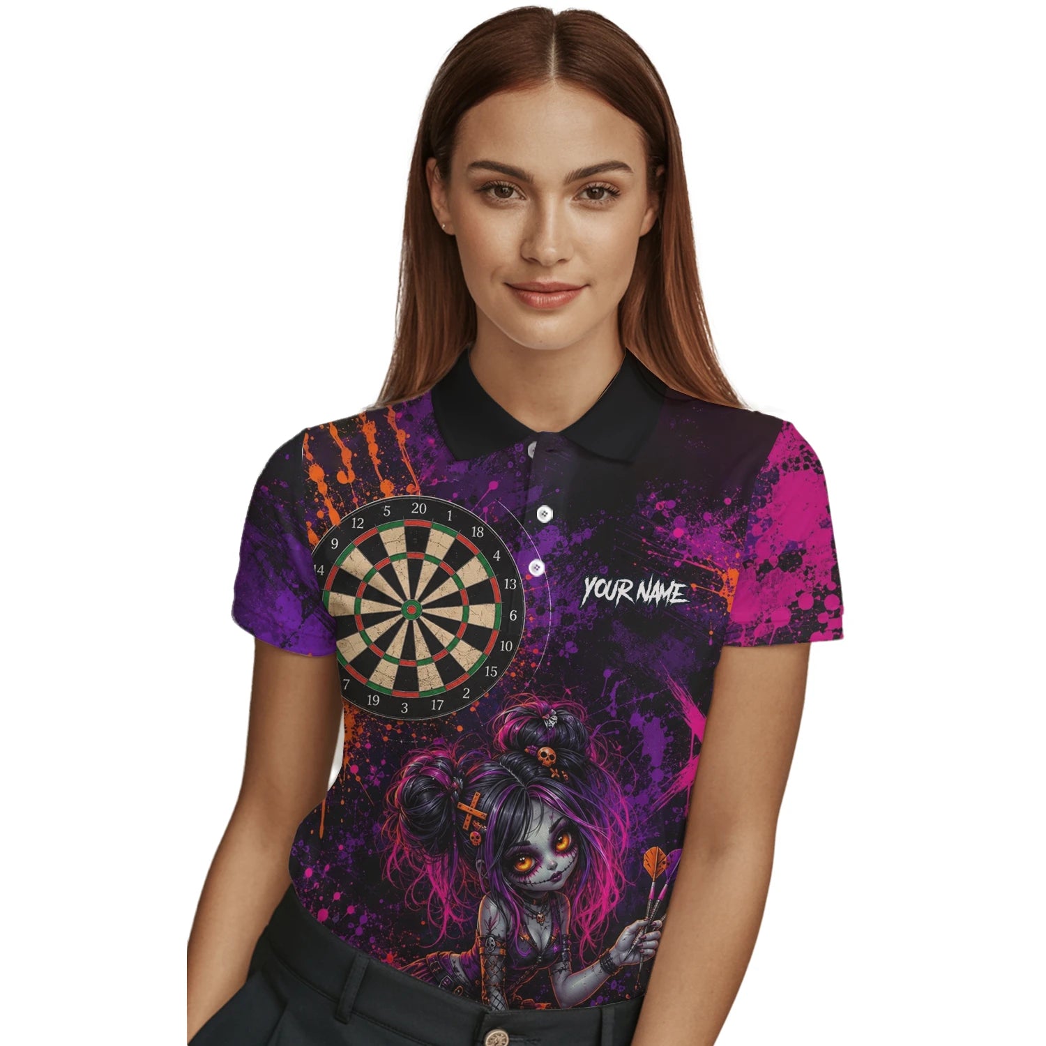 Personalisiertes Schwarz-lila-pink-oranges Gothic-Dartshirt für Damen Z641