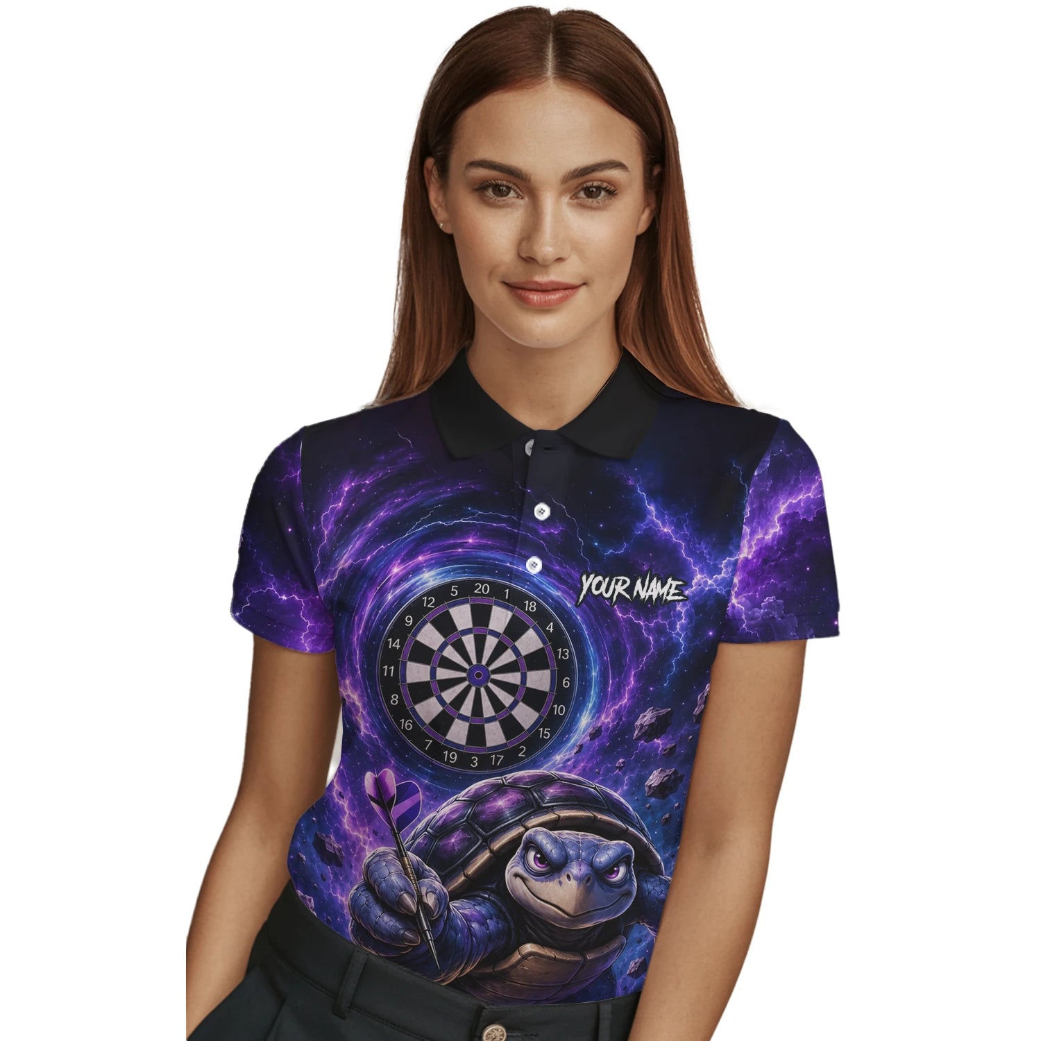 Personalisiertes Lila-schwarzes Schildkröten-Dartshirt für Damen F796
