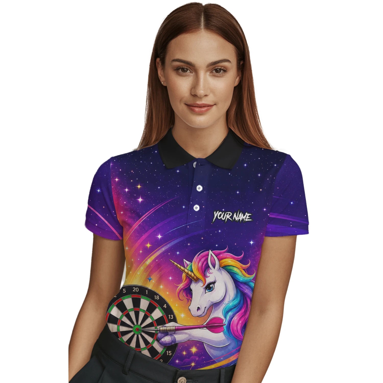 Personalisiertes Violettes Regenbogen-Einhorn-Dartshirt für Damen P431