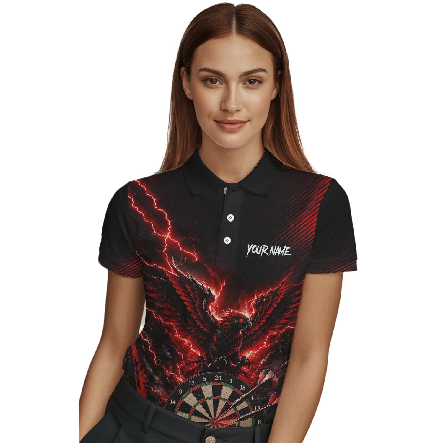 Personalisiertes Schwarz-rotes Phönix-Blitz-Dartboard Dartshirt für Damen J120
