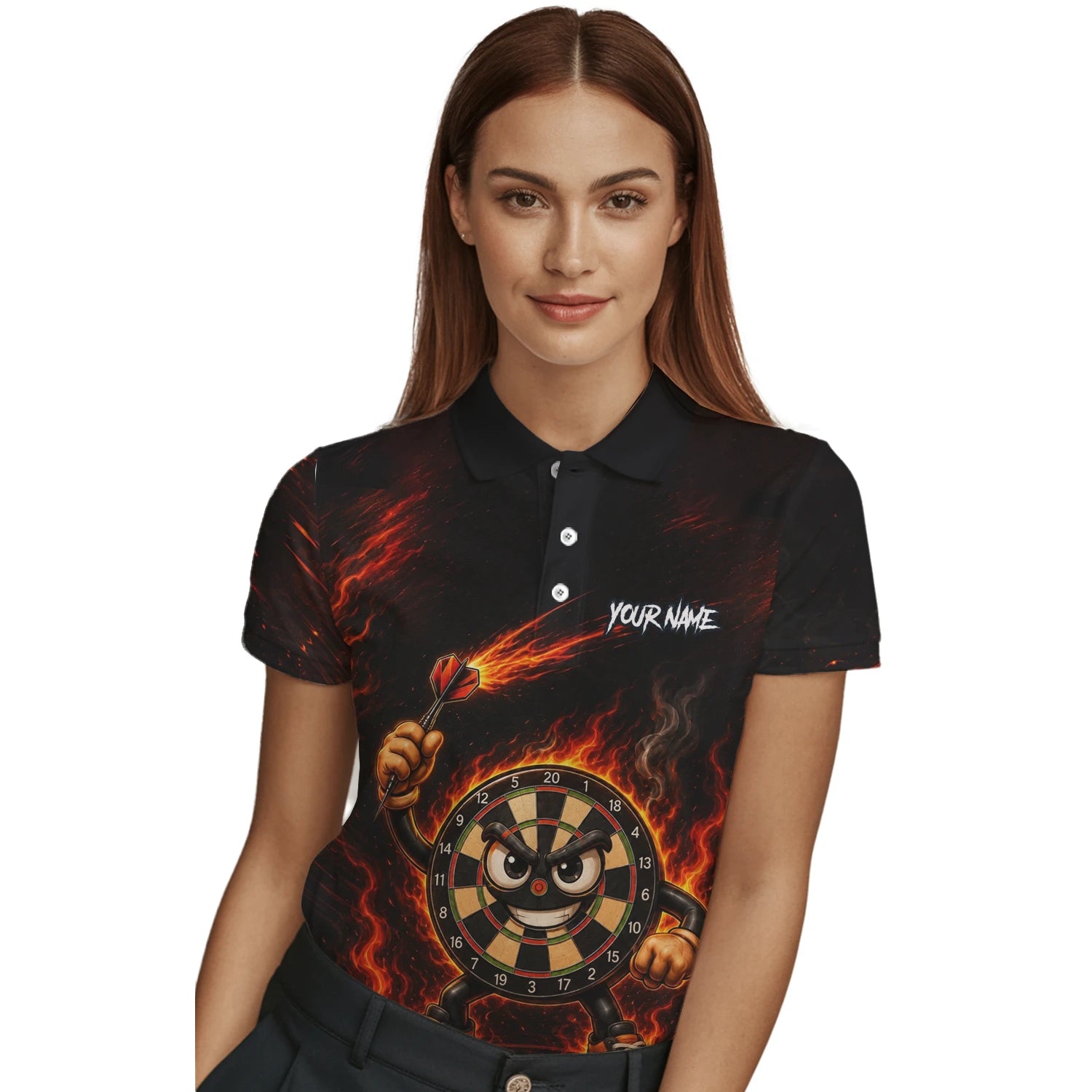 Personalisiertes Schwarz-rotes Flammen-Dartboard-Dartshirt für Damen W224