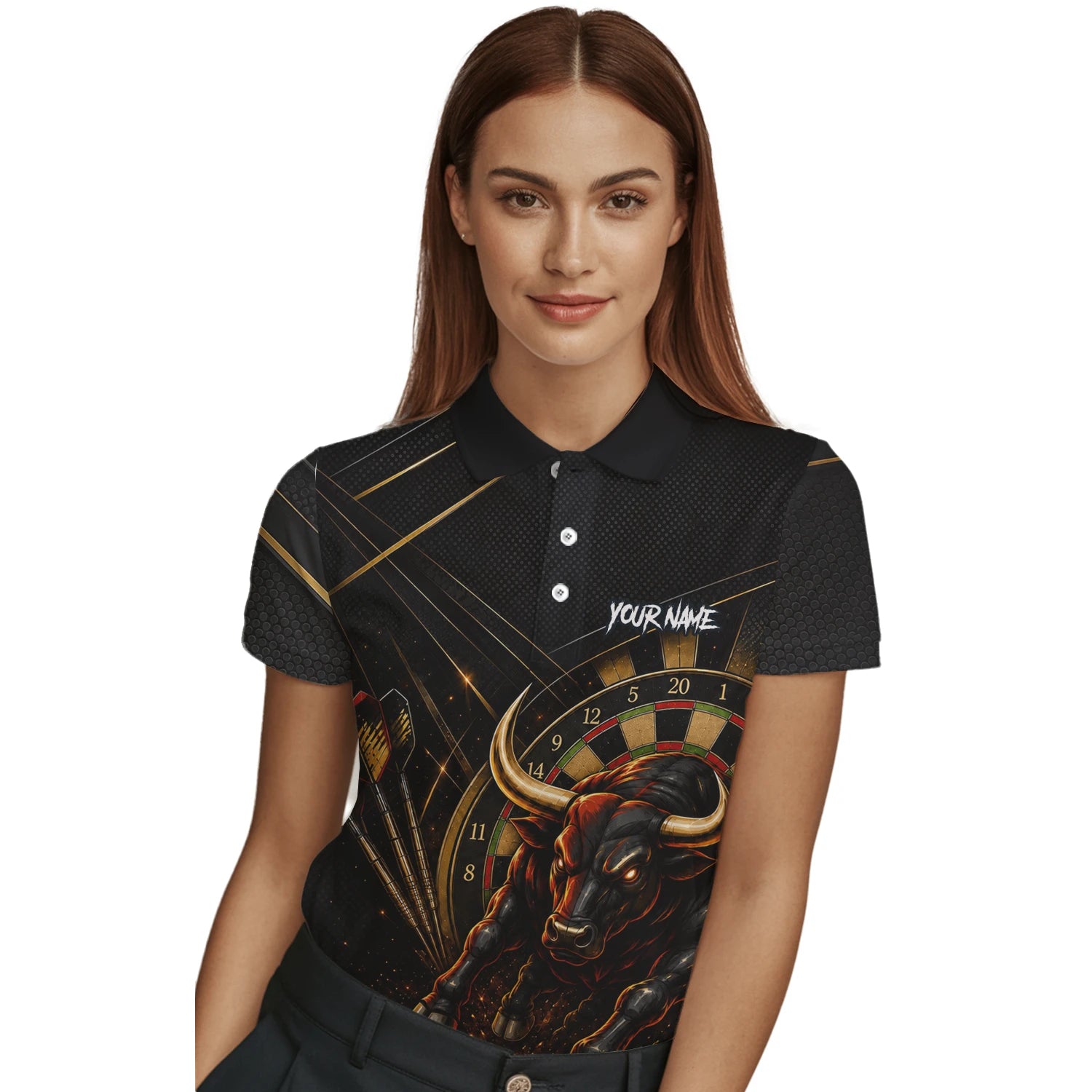 Personalisiertes Schwarz-goldenes Stier Dart Poloshirt für Damen K607
