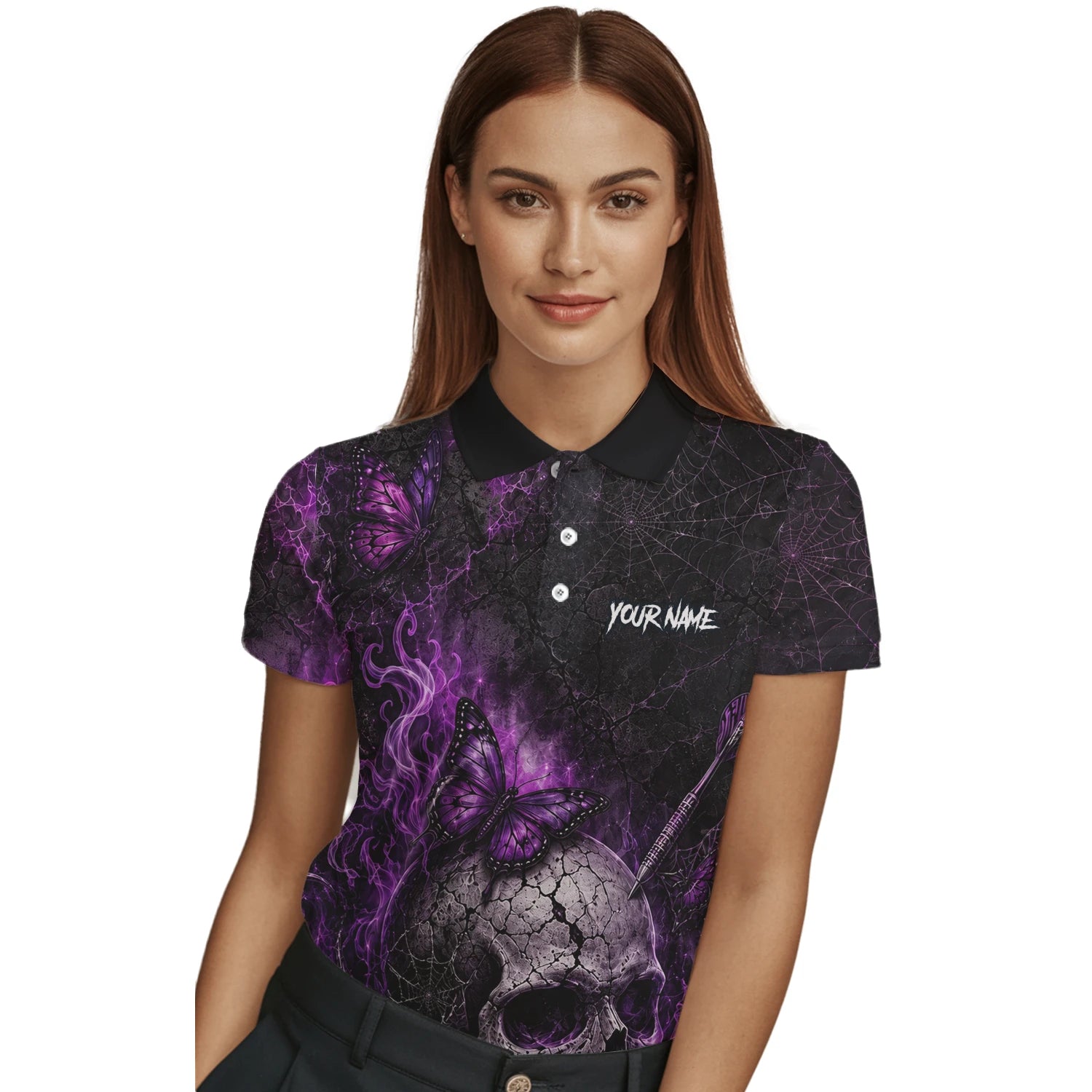 Personalisiertes Schwarz-lila Totenkopf-Schmetterling-Dartshirt für Damen Q241