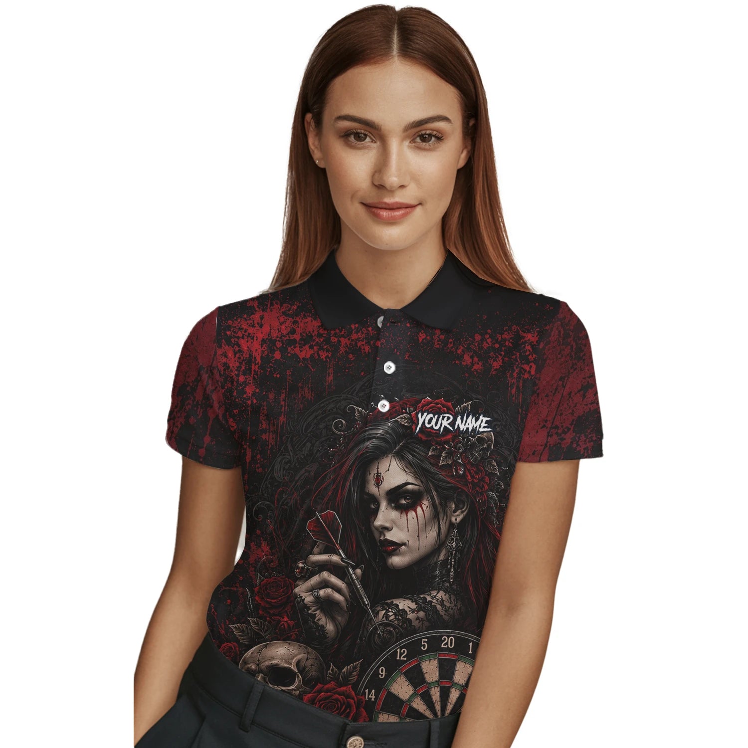 Personalisiertes Schwarz-rotes Gothic-Frauen-Totenkopf-Dartshirt für Damen W035