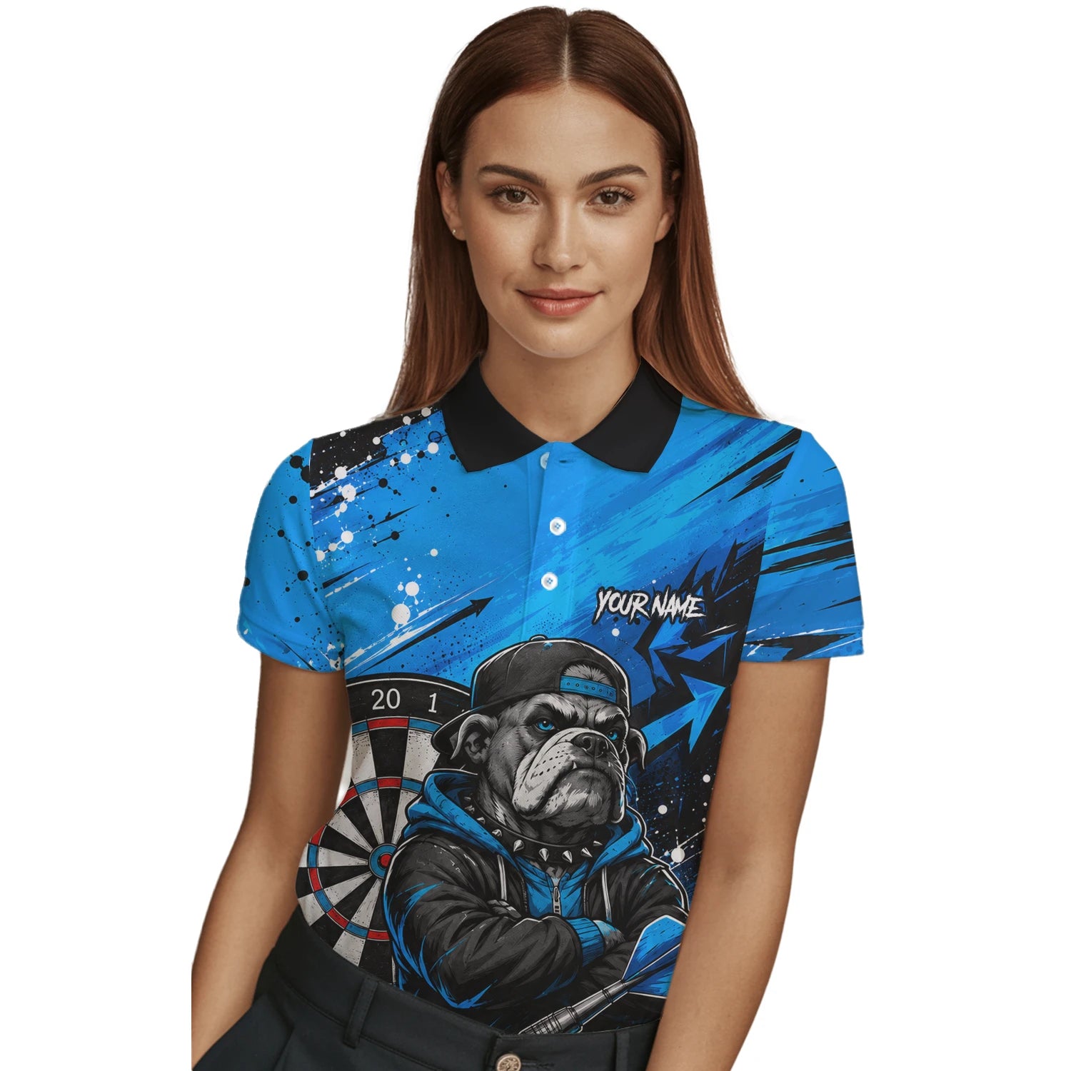 Personalisiertes Blau-schwarzes Bulldoggen-Dartshirt für Damen D529