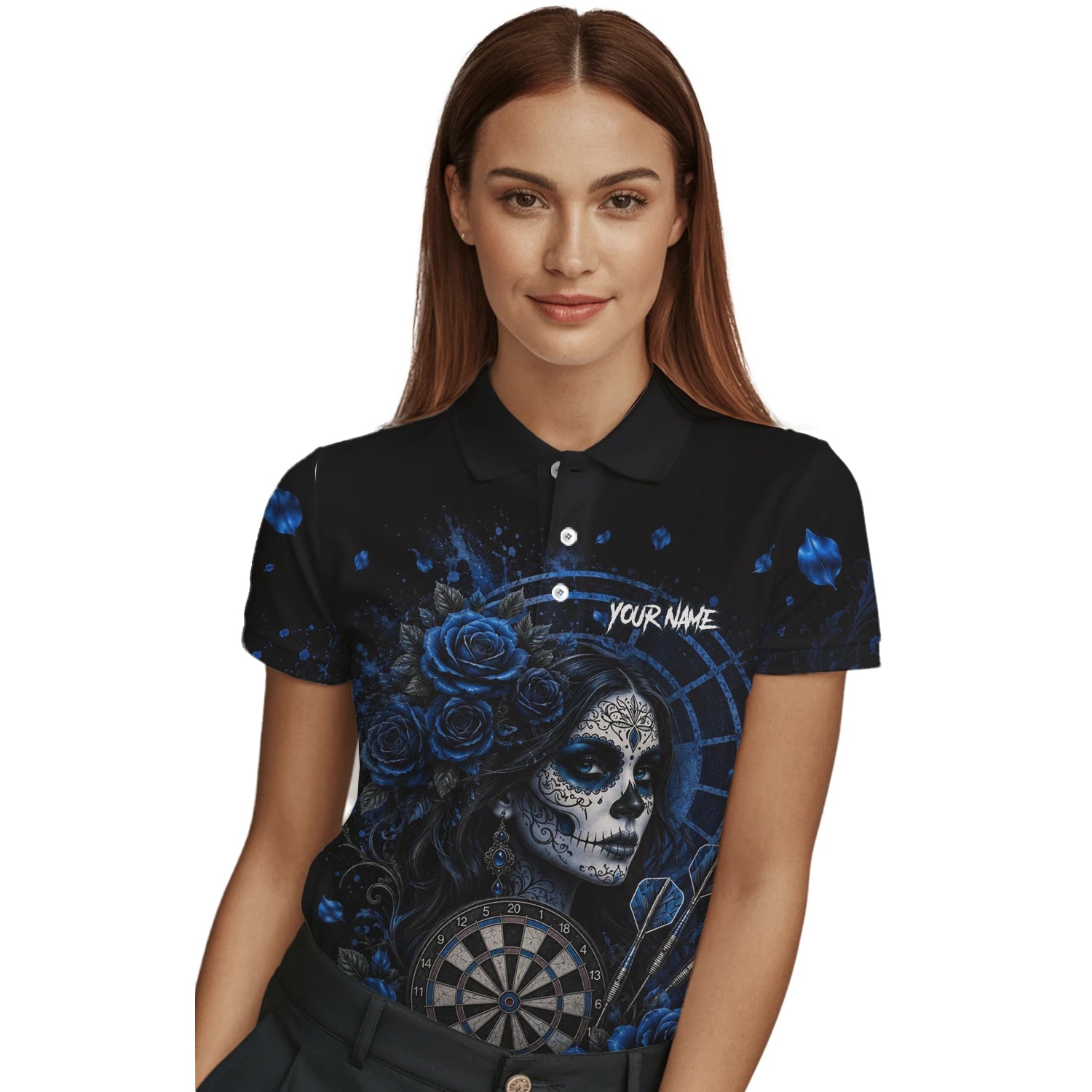 Personalisiertes Schwarz-blaues Sugar-Skull-Rosen-Dartshirt für Damen I884