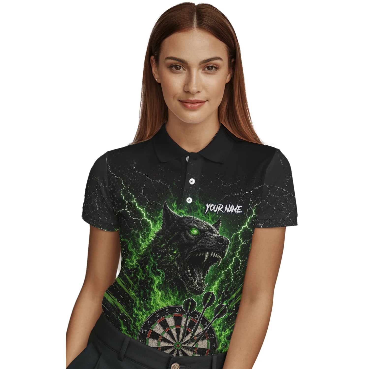 Personalisiertes Schwarz-grünes Wolf-Dartboard Dartshirt für Damen F303