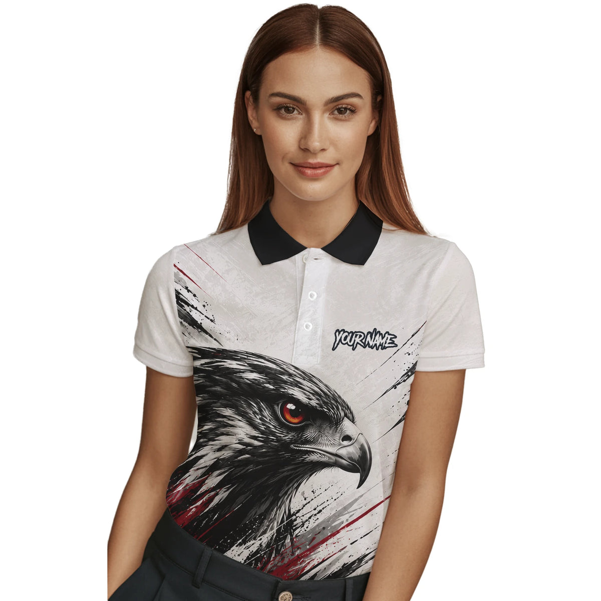 Personalisiertes Dartshirt mit weiß-schwarz-rotem Adler für Damen Z577