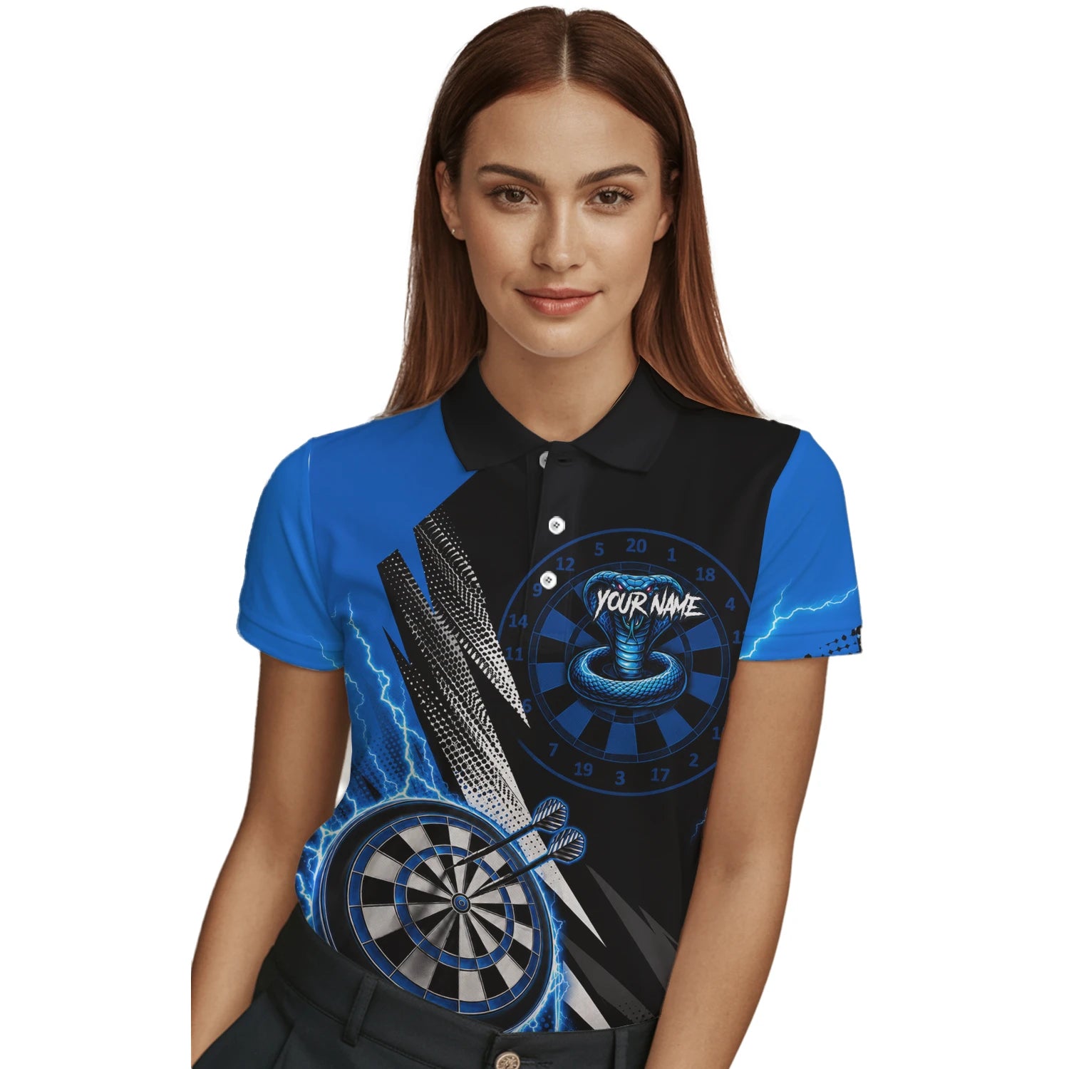 Personalisiertes Blaues Kobra-Blitz Dart Poloshirt für Damen S015