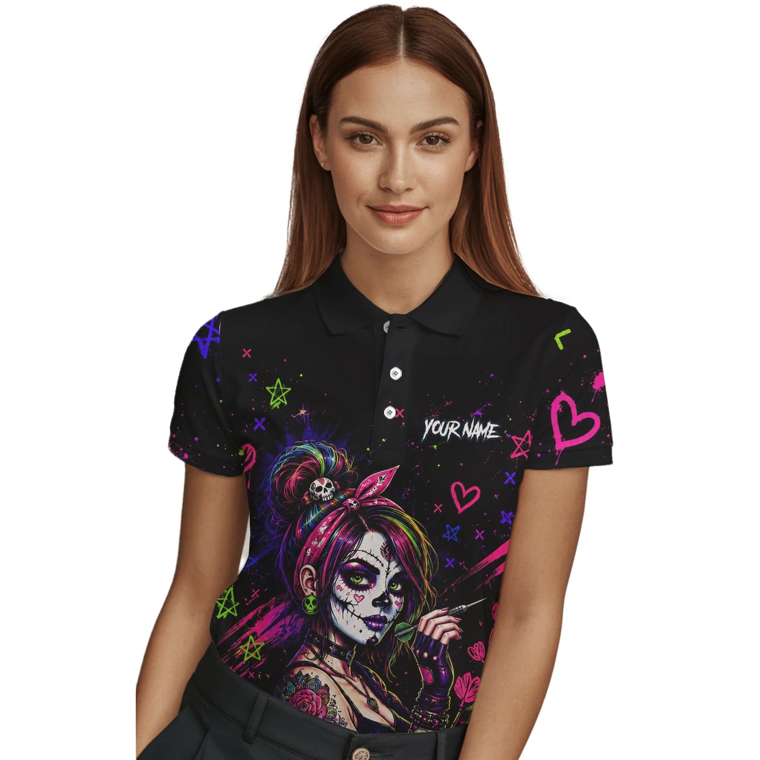 Personalisiertes Schwarz-neonfarbenes Sugar-Skull-Frauen-Dartshirt für Damen K745