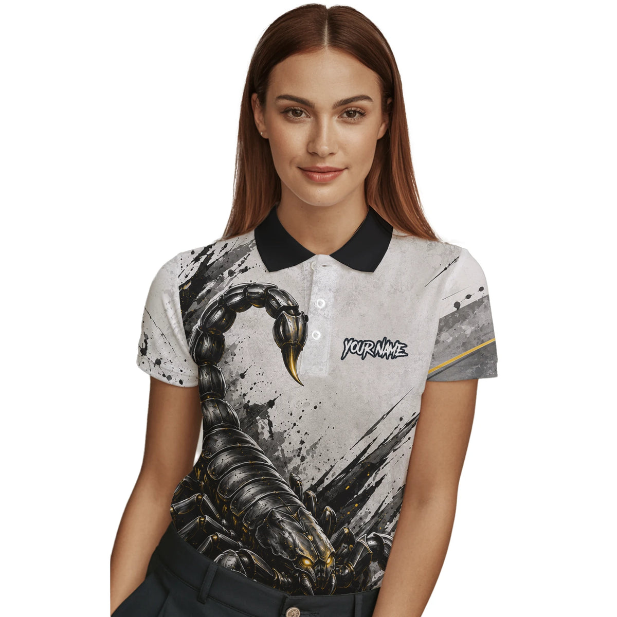 Personalisiertes Dartshirt mit weiß-schwarz-goldenem Skorpion für Damen S226