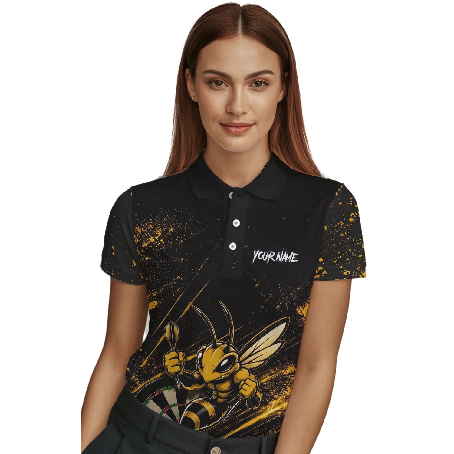 Personalisiertes Schwarz-goldenes Bienen-Dartboard Dartshirt für Damen L410