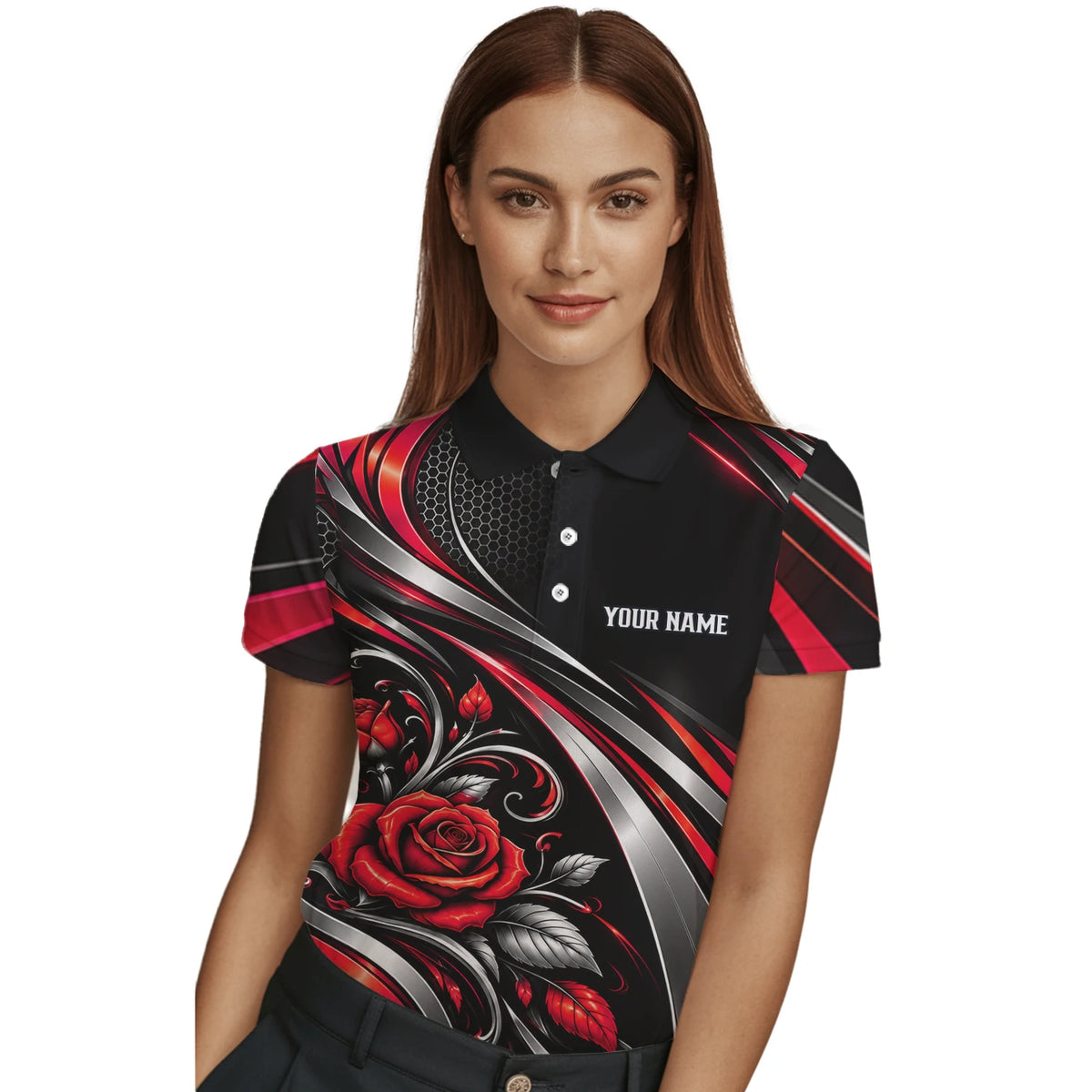 Personalisiertes Dartshirt in Schwarz, Rot und Silber mit Rosen, Flügeln und Dartscheibe für Damen Y2535