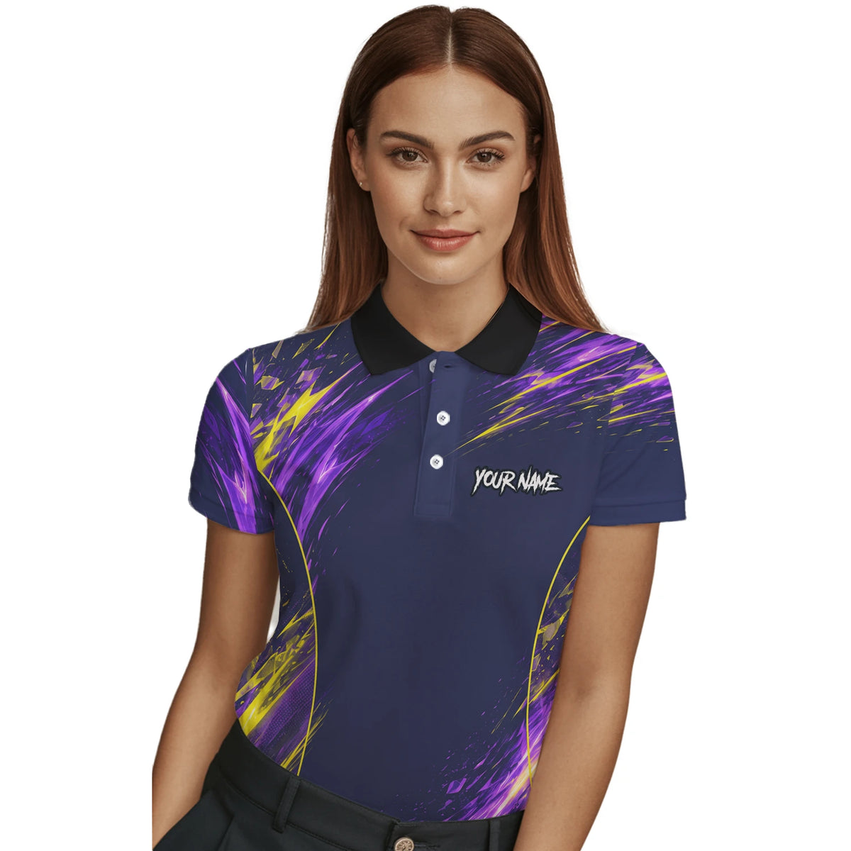 Personalisiertes Dartshirt mit dunkelblau-lila-gelbem abstraktem Design für Damen D517