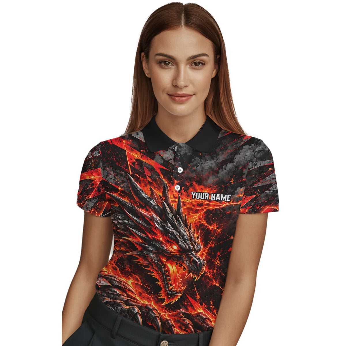 Personalisiertes Dartshirt mit schwarz-rotem Feuerdrachen und Dartscheibe für Damen B0683