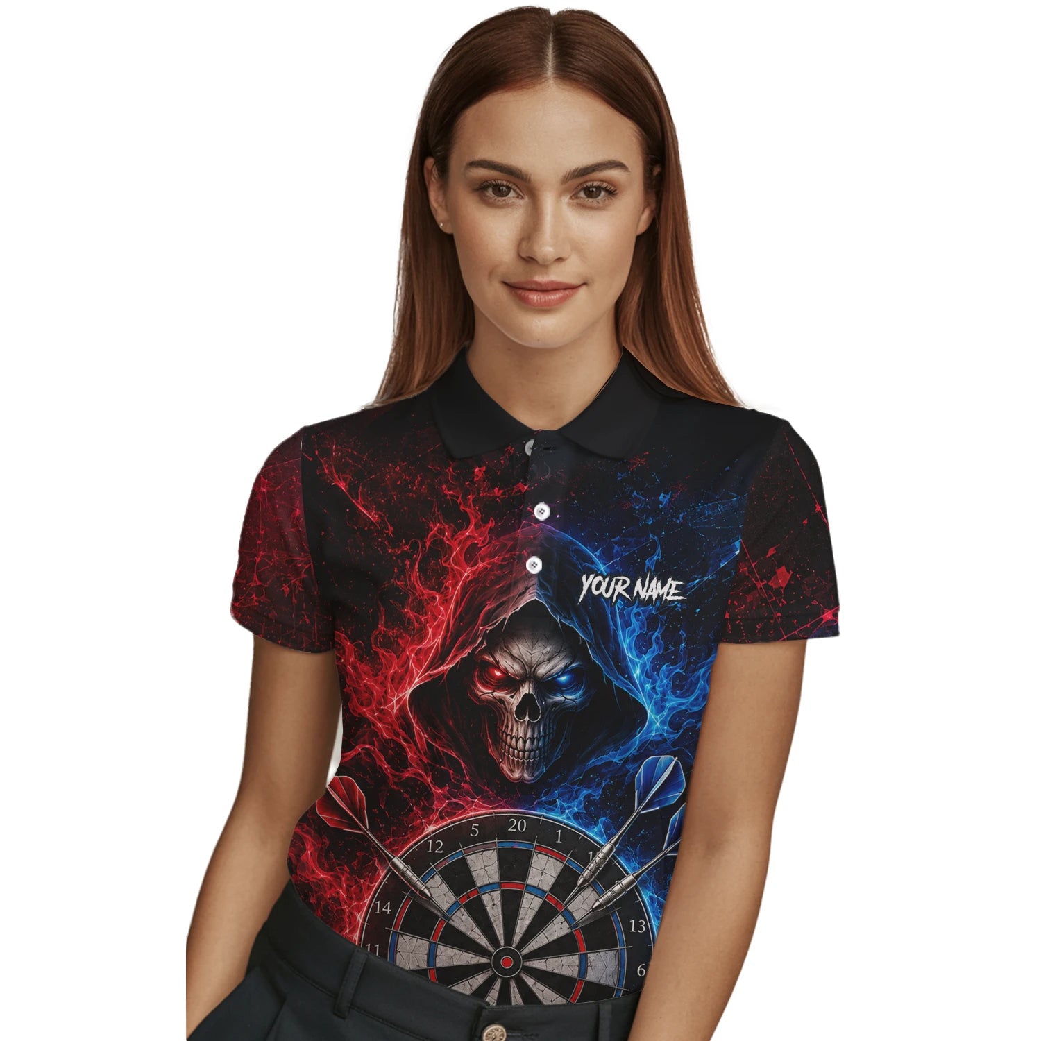 Personalisiertes Rot-blaues Totenkopf Dart Poloshirt für Damen L857