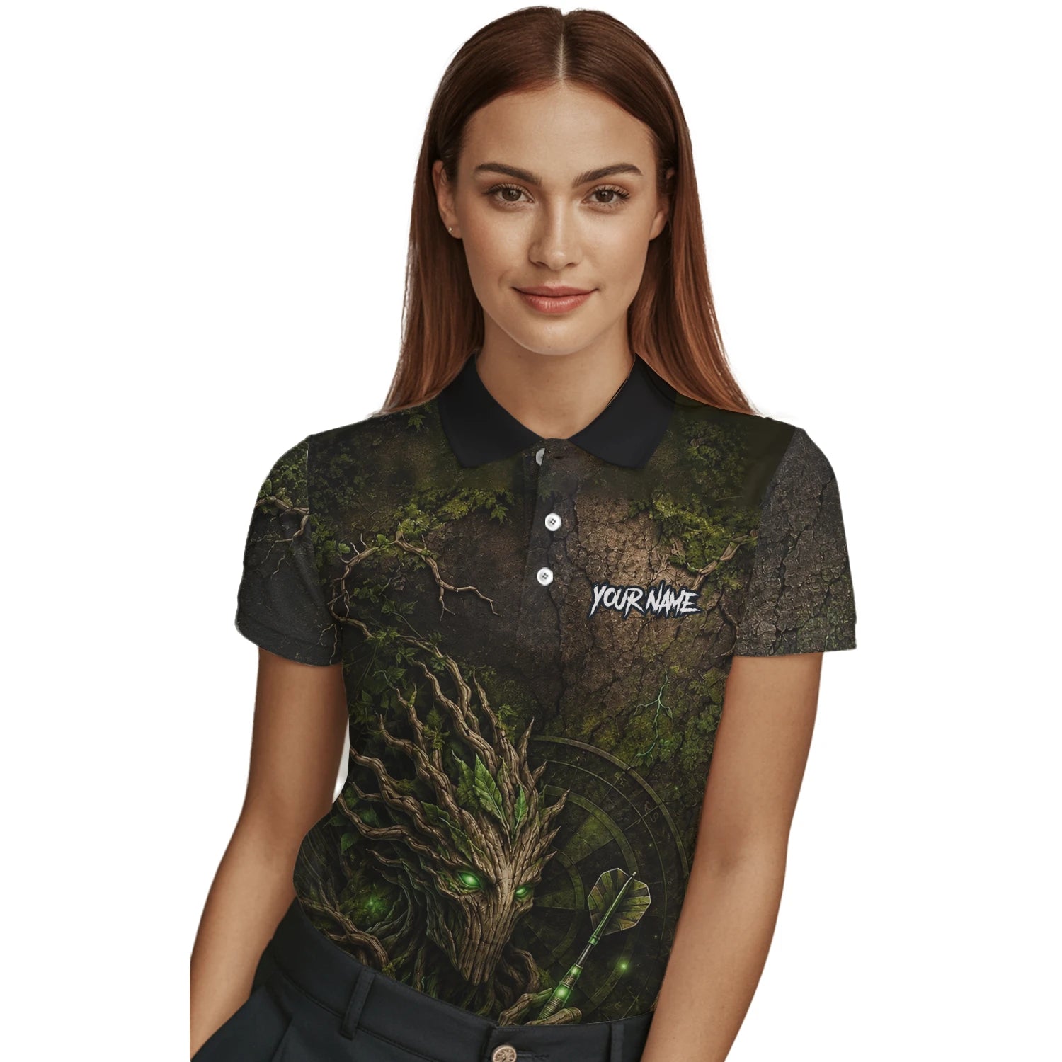 Personalisiertes Dunkelgrünes Baumwesen-Dartboard Dartshirt für Damen C913