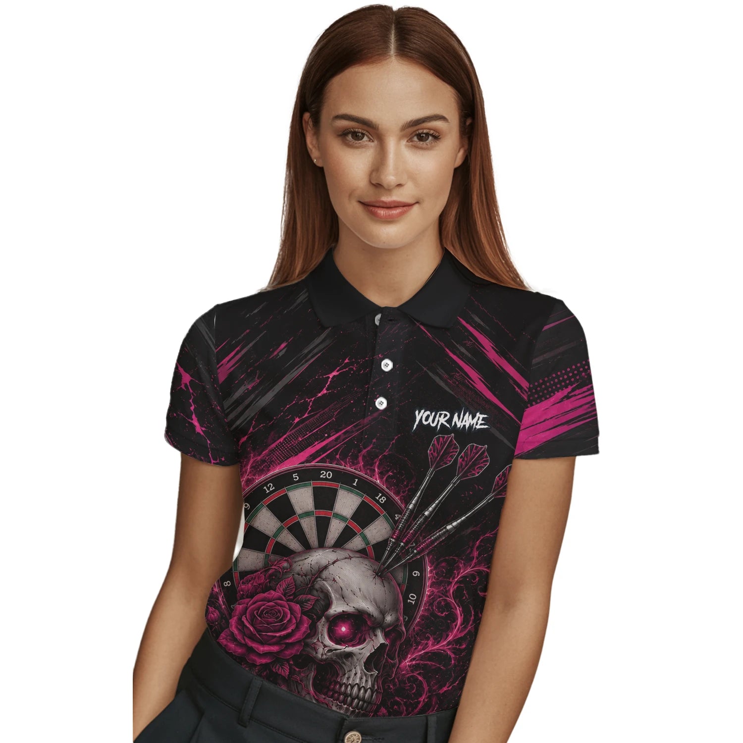 Personalisiertes Schwarz-pink Totenkopf-und-Rosen-Dartshirt für Damen V308