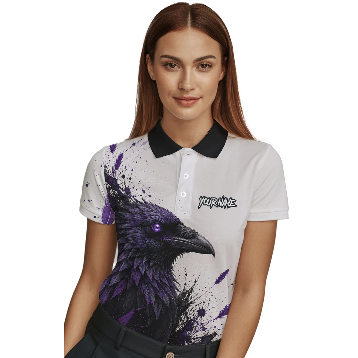 Personalisiertes Dartshirt mit weiß-schwarz-violettem Raben für Damen Z888