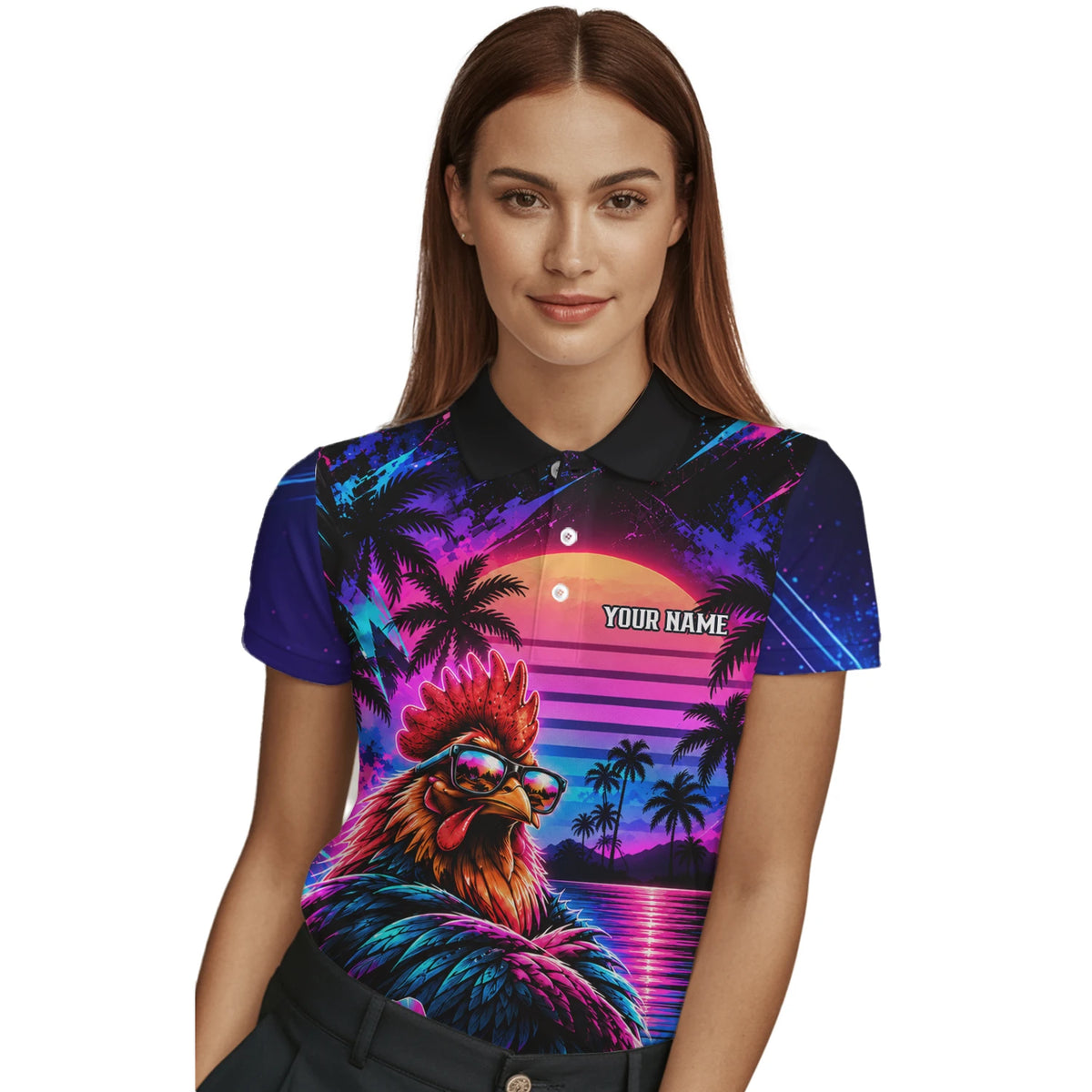 Personalisiertes Dartshirt in Pink, Lila und Blau mit Hahn, Palmen, Sonnenuntergang und Dartscheibe für Damen Q6611