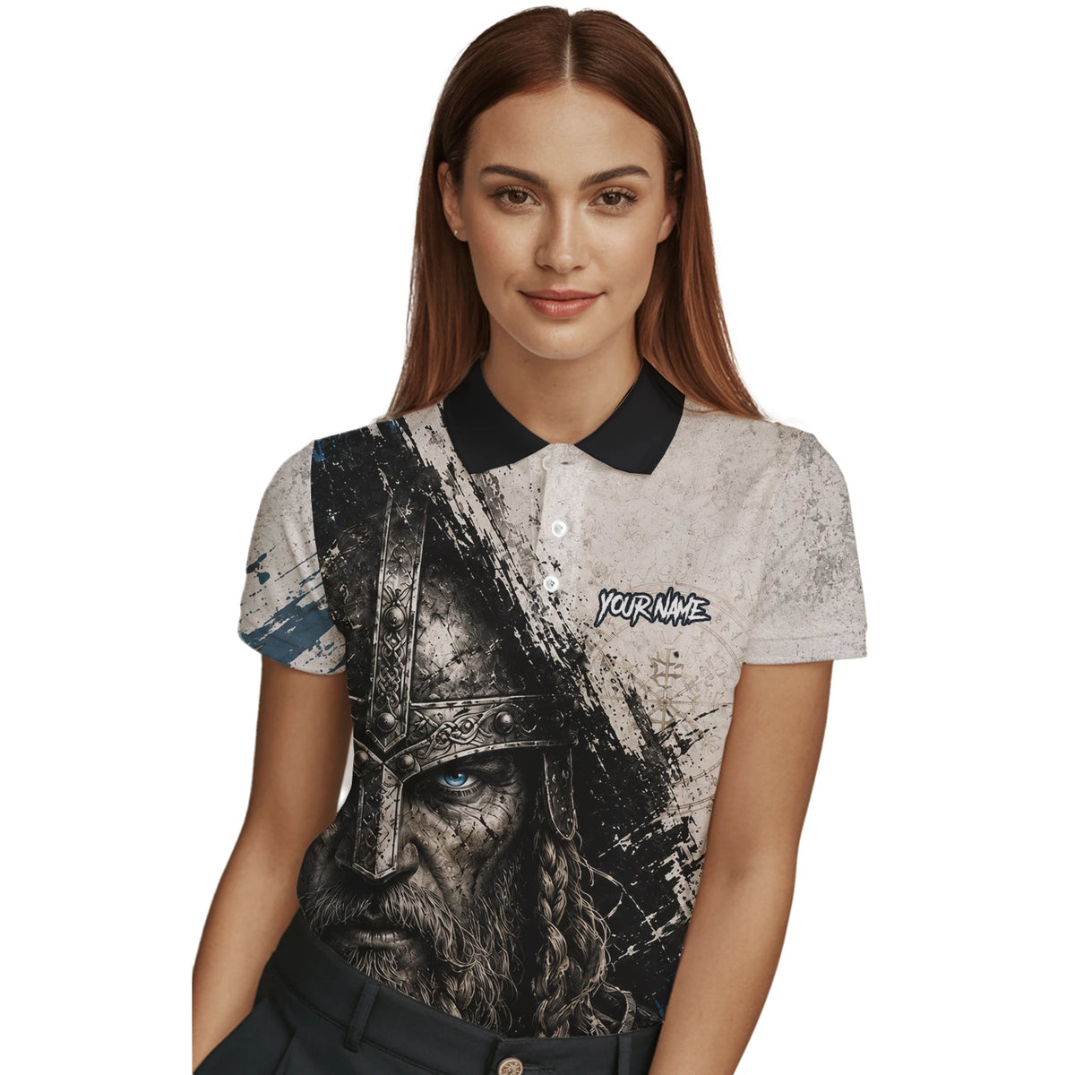 Personalisiertes Dartshirt mit weiß-schwarz-blauem Wikinger für Damen U843