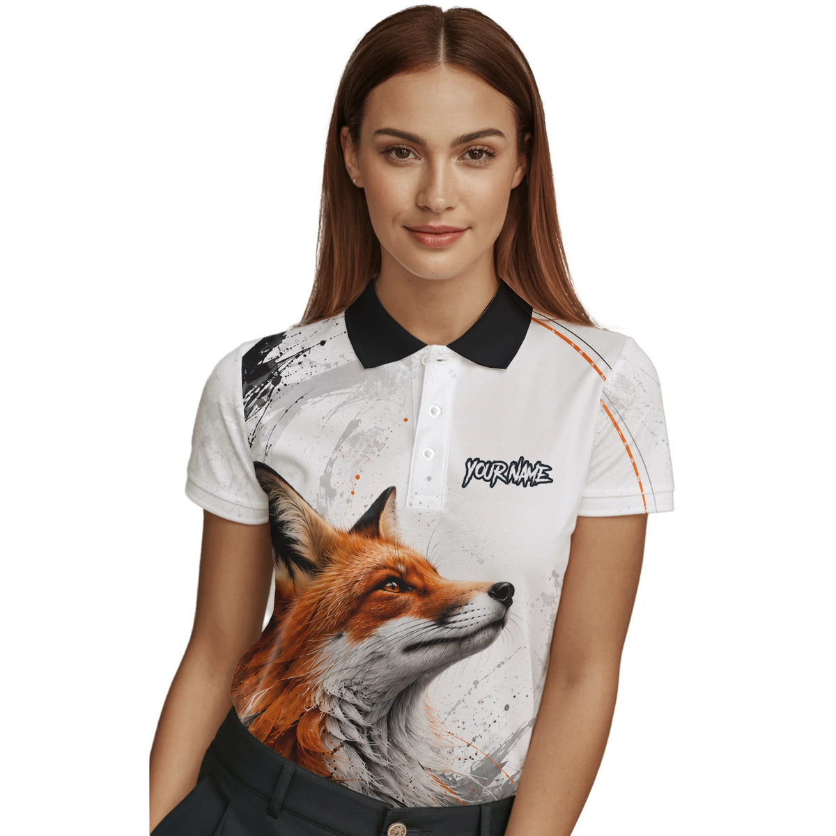 Personalisiertes Dartshirt mit weiß-schwarz-orangenem Fuchs für Damen D228