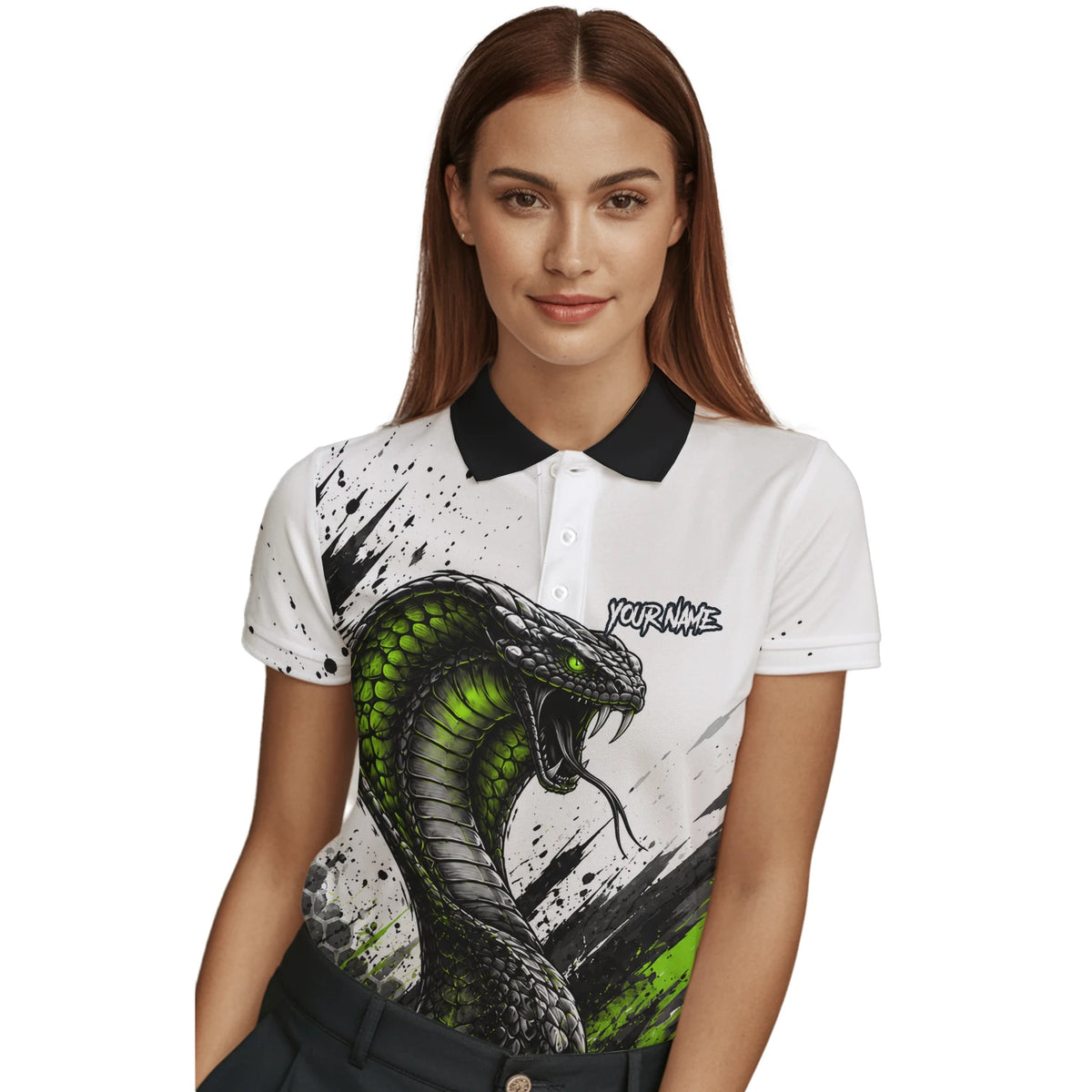 Personalisiertes Dartshirt mit weiß-schwarz-grüner Kobra für Damen Y070