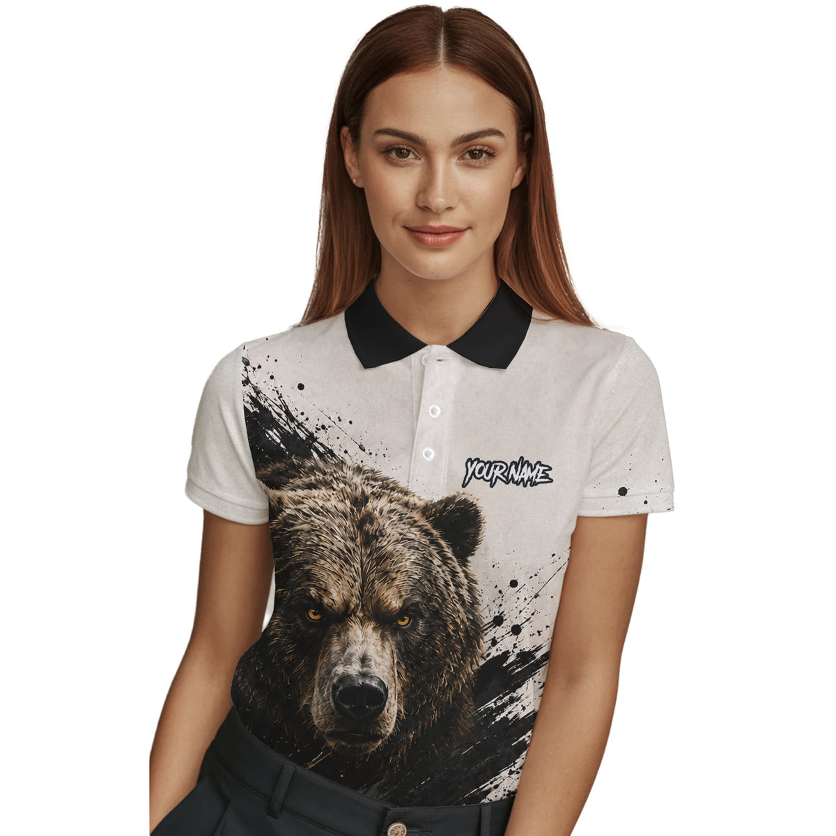 Personalisiertes Dartshirt mit weiß-schwarz-braunem Bären für Damen F926