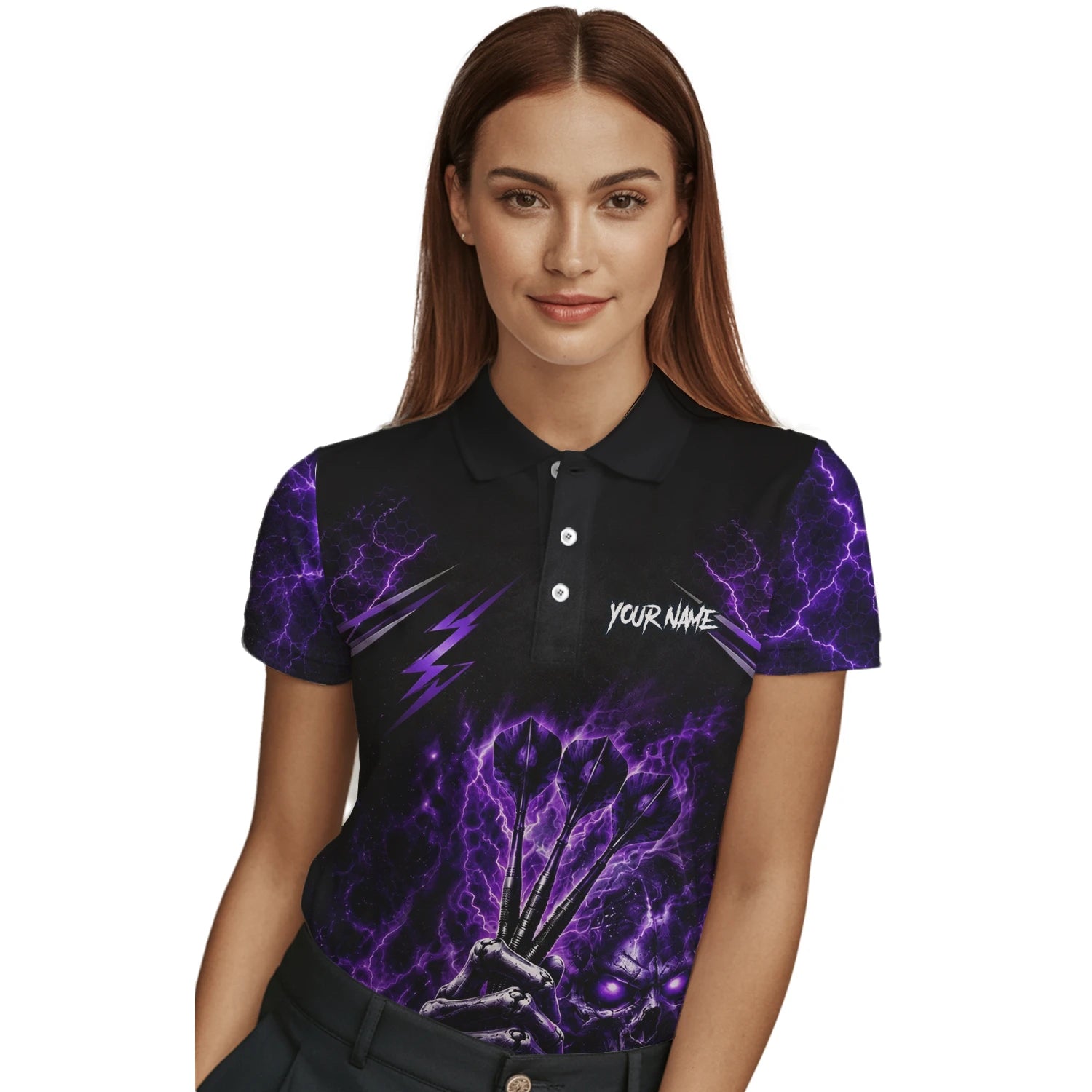 Personalisiertes Schwarz-lila Skeletthand-Dartshirt für Damen H822