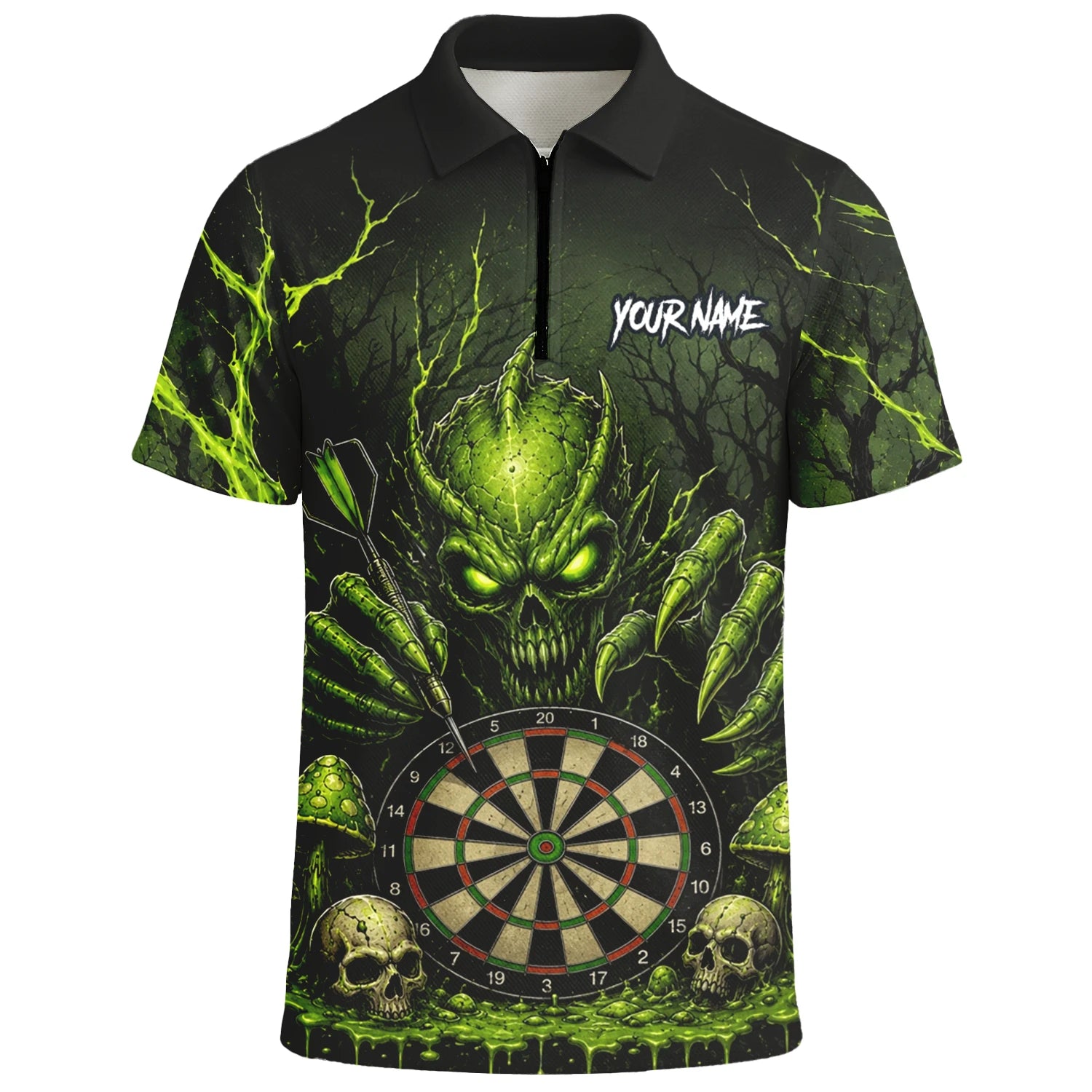 Personalisiertes Schwarz-grünes Monster-Totenkopf-Dartboard Dartshirt für Herren A277