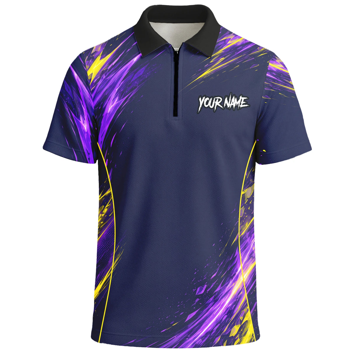 Personalisiertes Dartshirt mit dunkelblau-lila-gelbem abstraktem Design für Herren D517