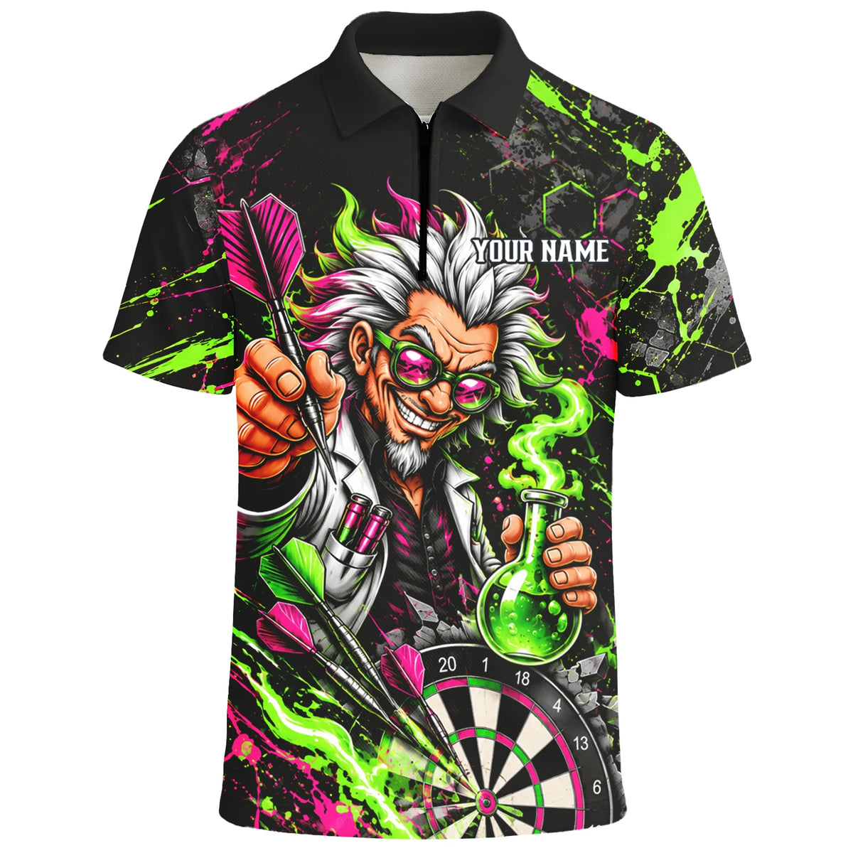 Personalisiertes Dartshirt in Schwarz, Grün und Pink mit verrücktem Wissenschaftler und Dartscheibe für Herren F9179