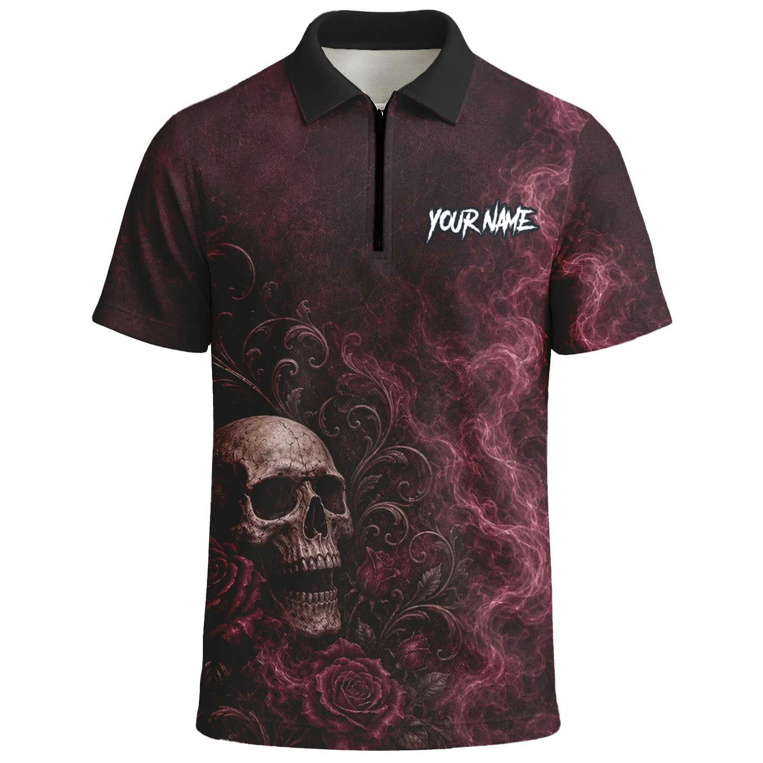 Personalisiertes Dunkelrot-schwarzes Totenkopf-Rosen-Dartshirt für Herren U786