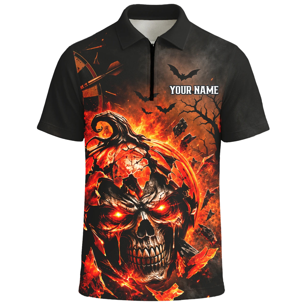 Personalisiertes Dartshirt in Schwarz und Orange mit flammendem Kürbis-Totenkopf und Dartscheibe für Herren S4076