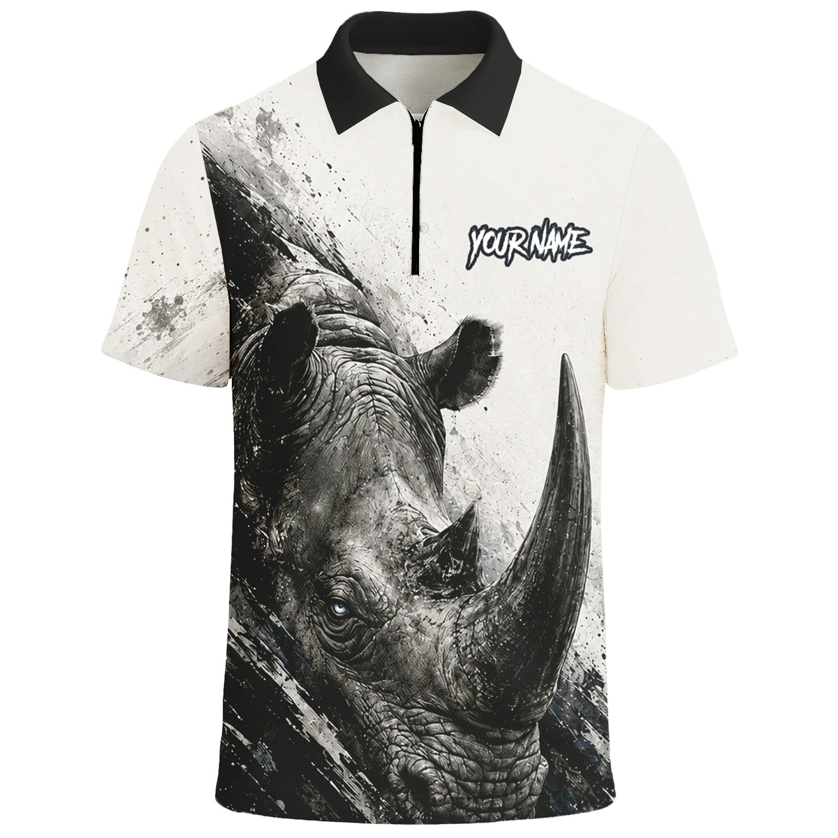 Personalisiertes Dartshirt mit weiß-schwarz-grauem Nashorn für Herren C312