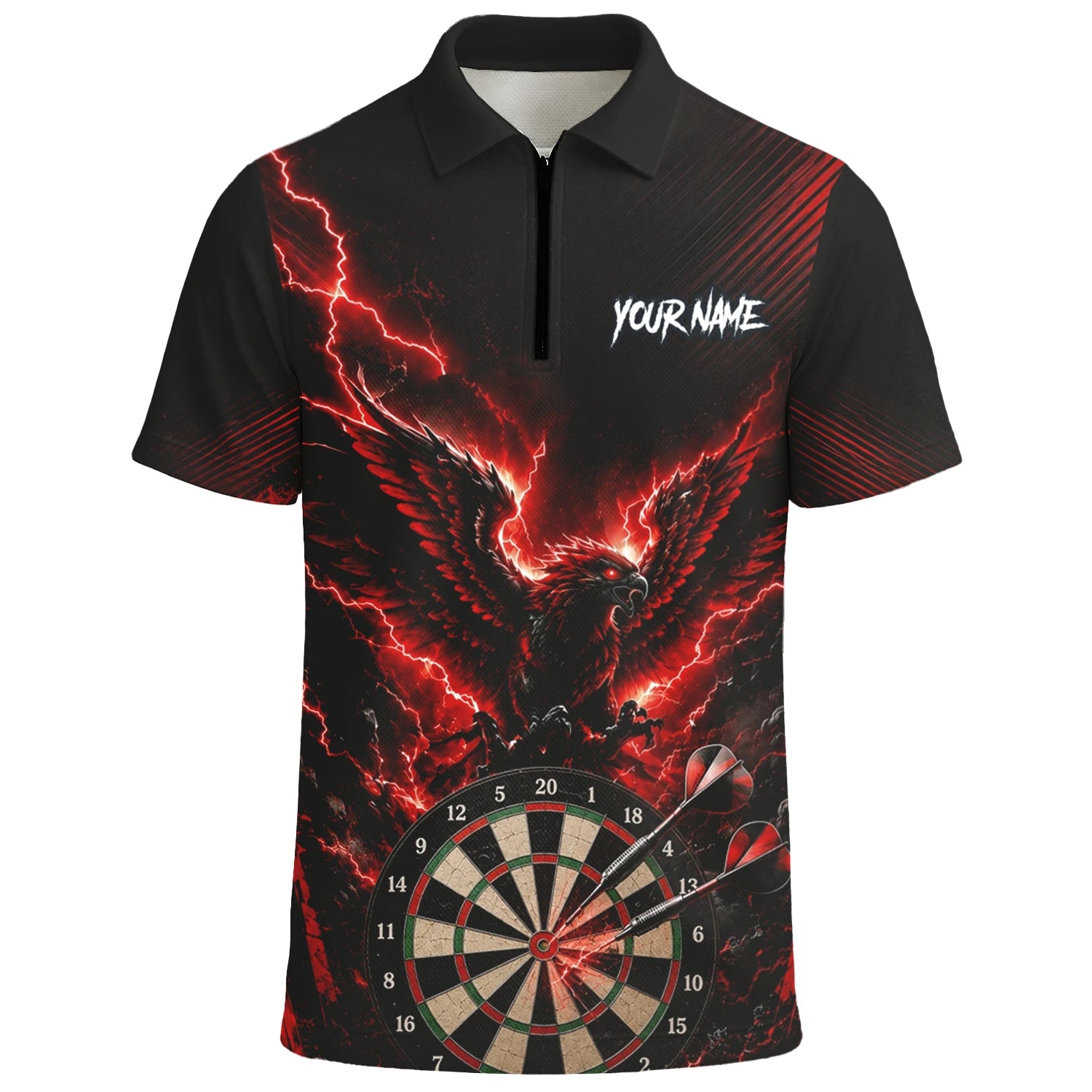 Personalisiertes Schwarz-rotes Phönix-Blitz-Dartboard Dartshirt für Herren J120