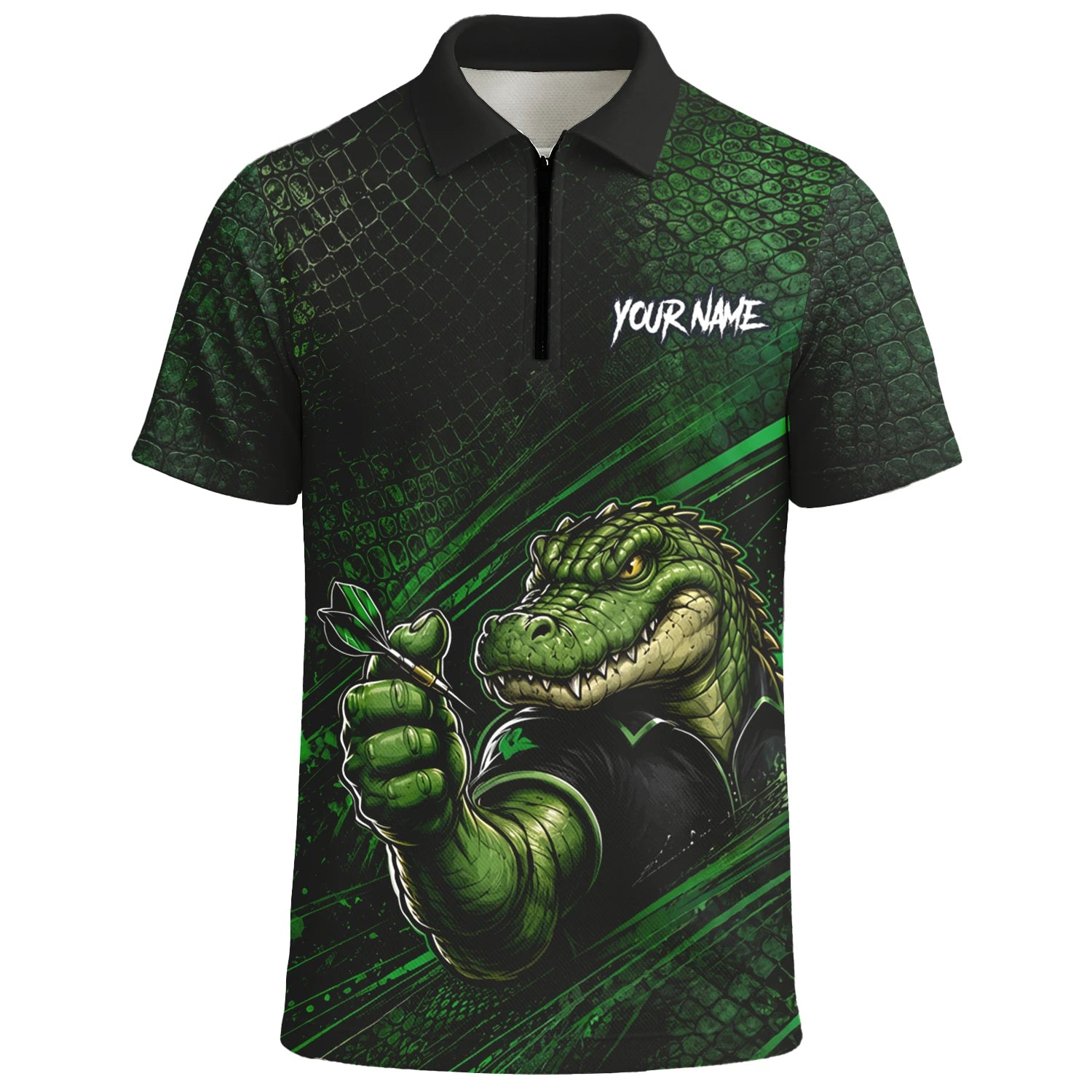 Personalisiertes Grün-schwarzes Alligator-Dartspieler-Dartshirt für Herren I987