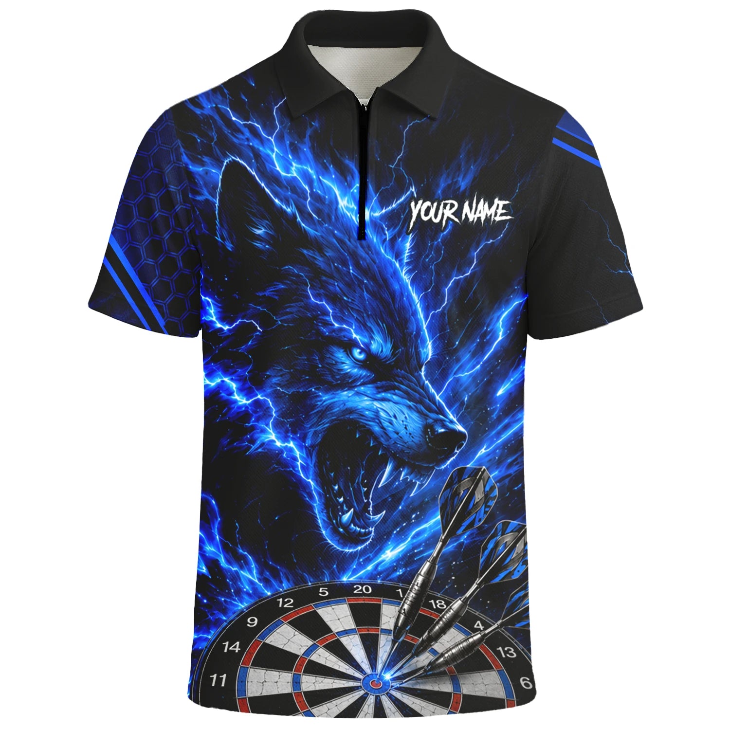 Personalisiertes Schwarz-blaues Wolf-Blitz-Dartshirt für Herren Y375