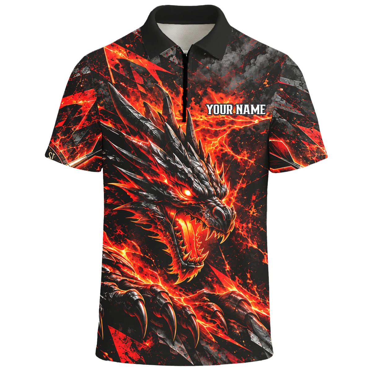 Personalisiertes Dartshirt mit schwarz-rotem Feuerdrachen und Dartscheibe für Herren B0683