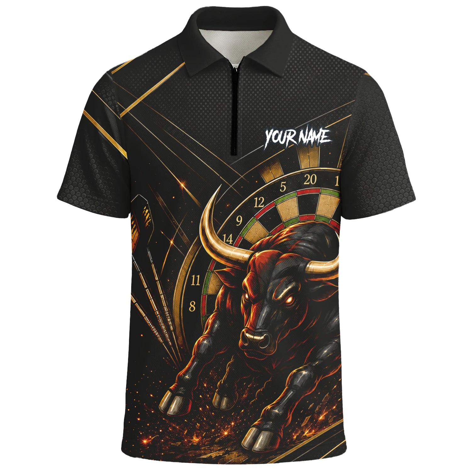 Personalisiertes Schwarz-goldenes Stier Dart Poloshirt für Herren K607