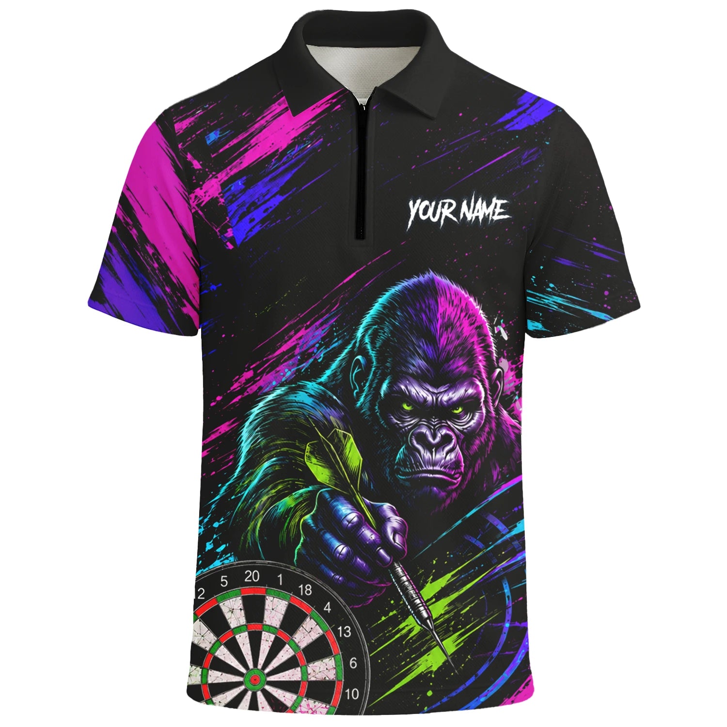 Personalisiertes Schwarz-pink-lila Gorilla-Dartshirt für Herren U874