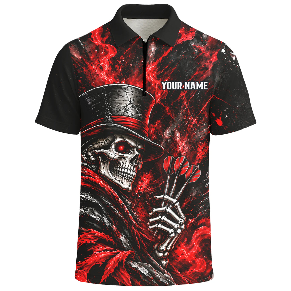 Personalisiertes Dartshirt in Schwarz und Rot mit Skelett, Zylinder, Dartpfeilen und Dartscheibe für Herren R5016