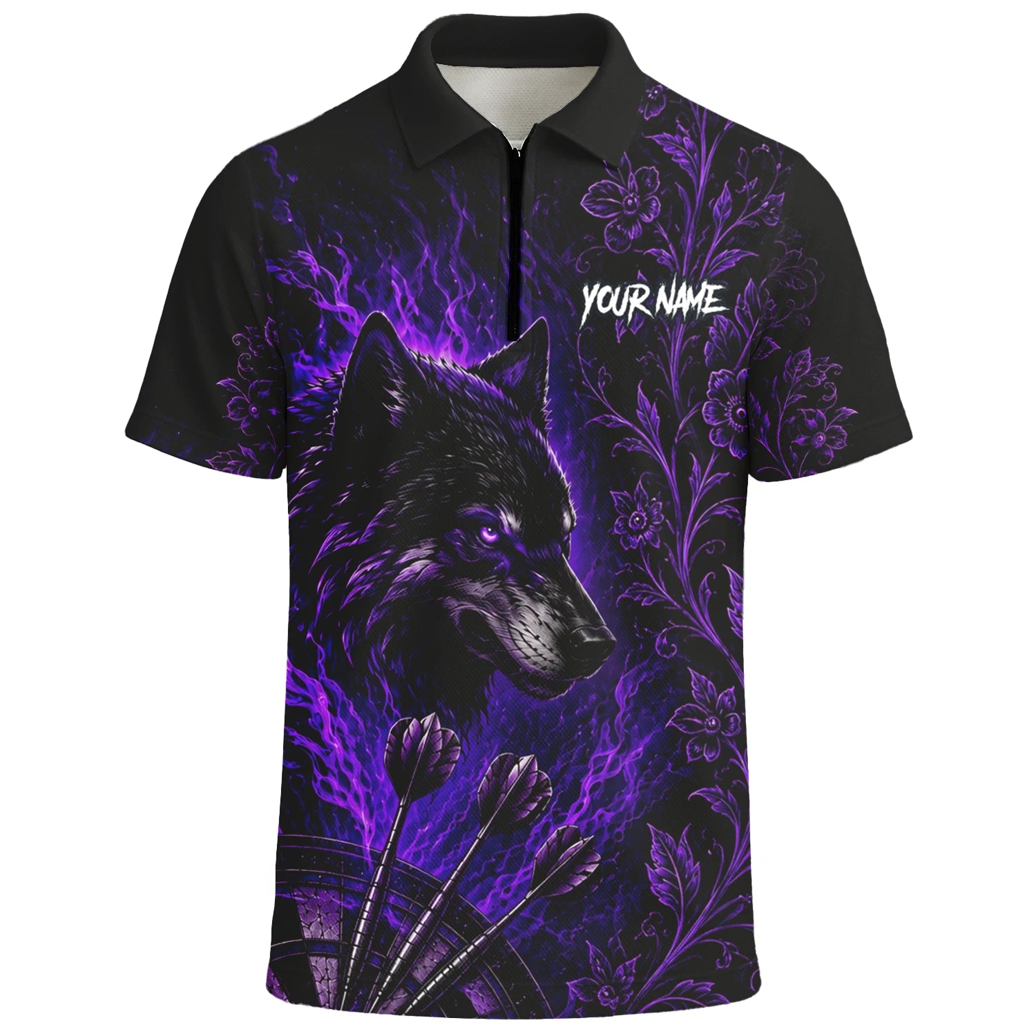 Personalisiertes Schwarz-lila Wolf-Dartboard Dartshirt für Herren J133