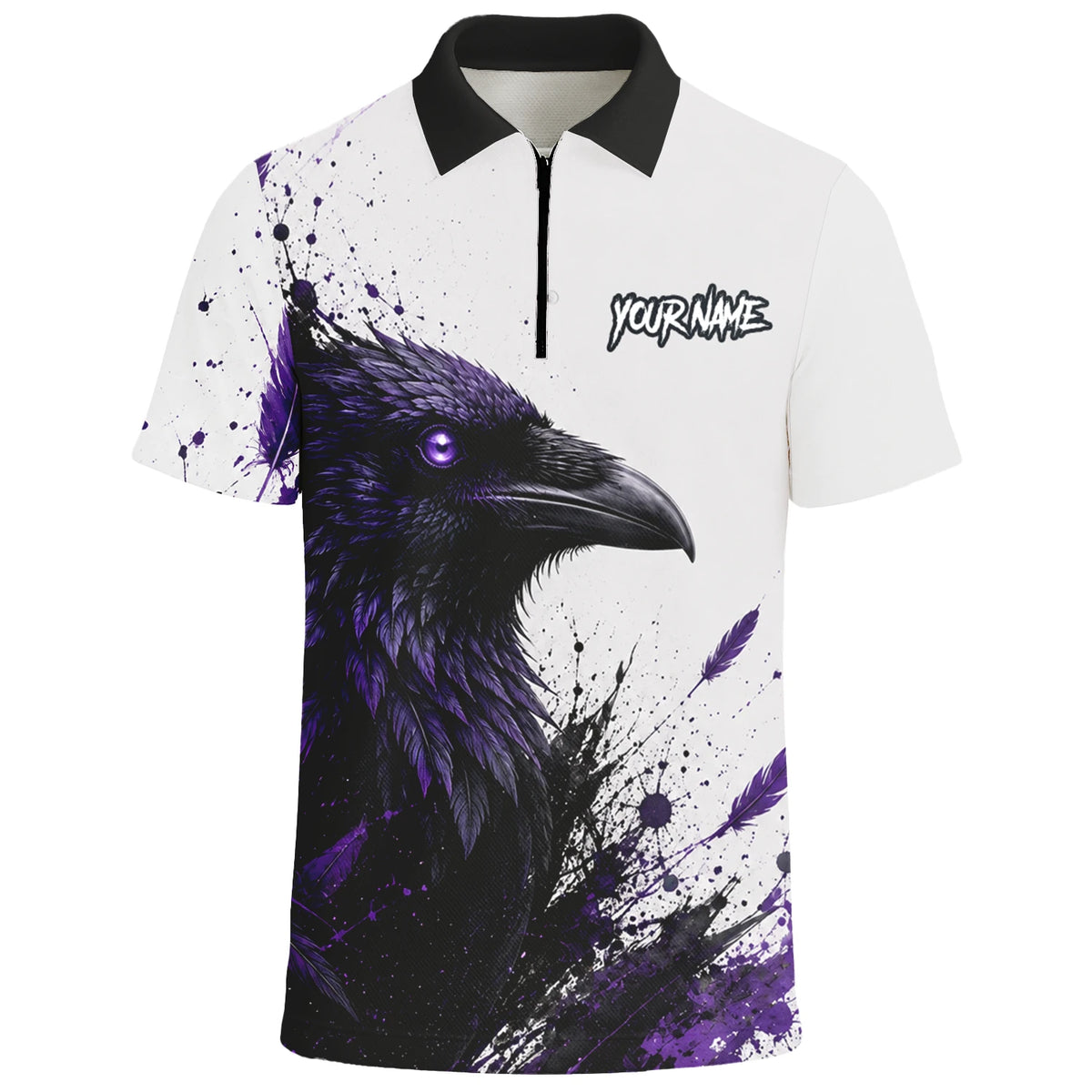 Personalisiertes Dartshirt mit weiß-schwarz-violettem Raben für Herren Z888