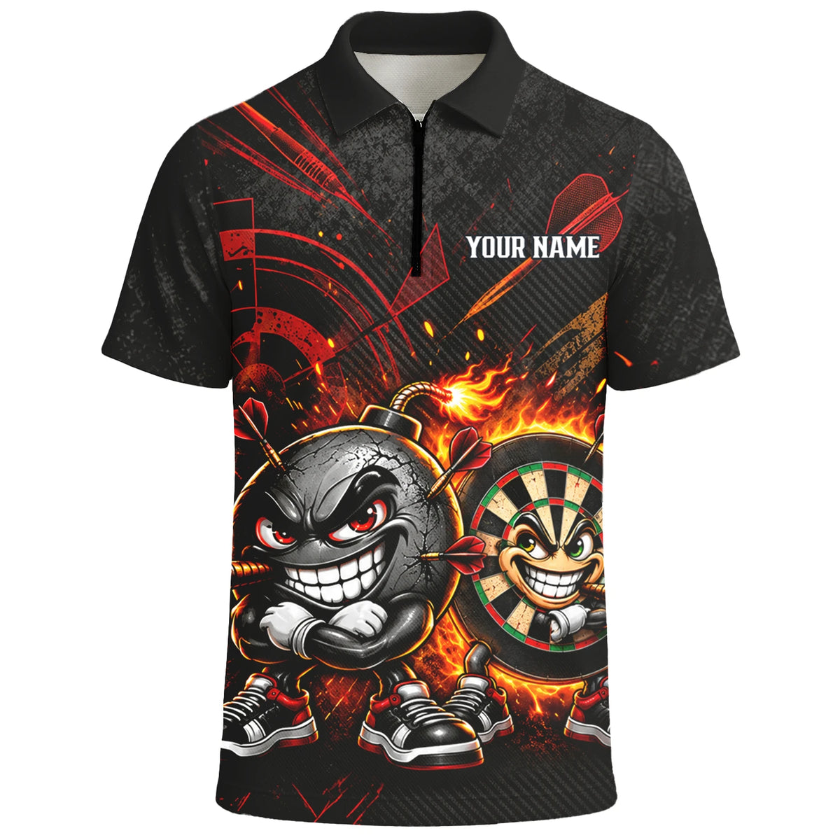Personalisiertes Dartshirt mit schwarz-roter wütender Comic-Bombe und Dartscheibe für Herren C3423