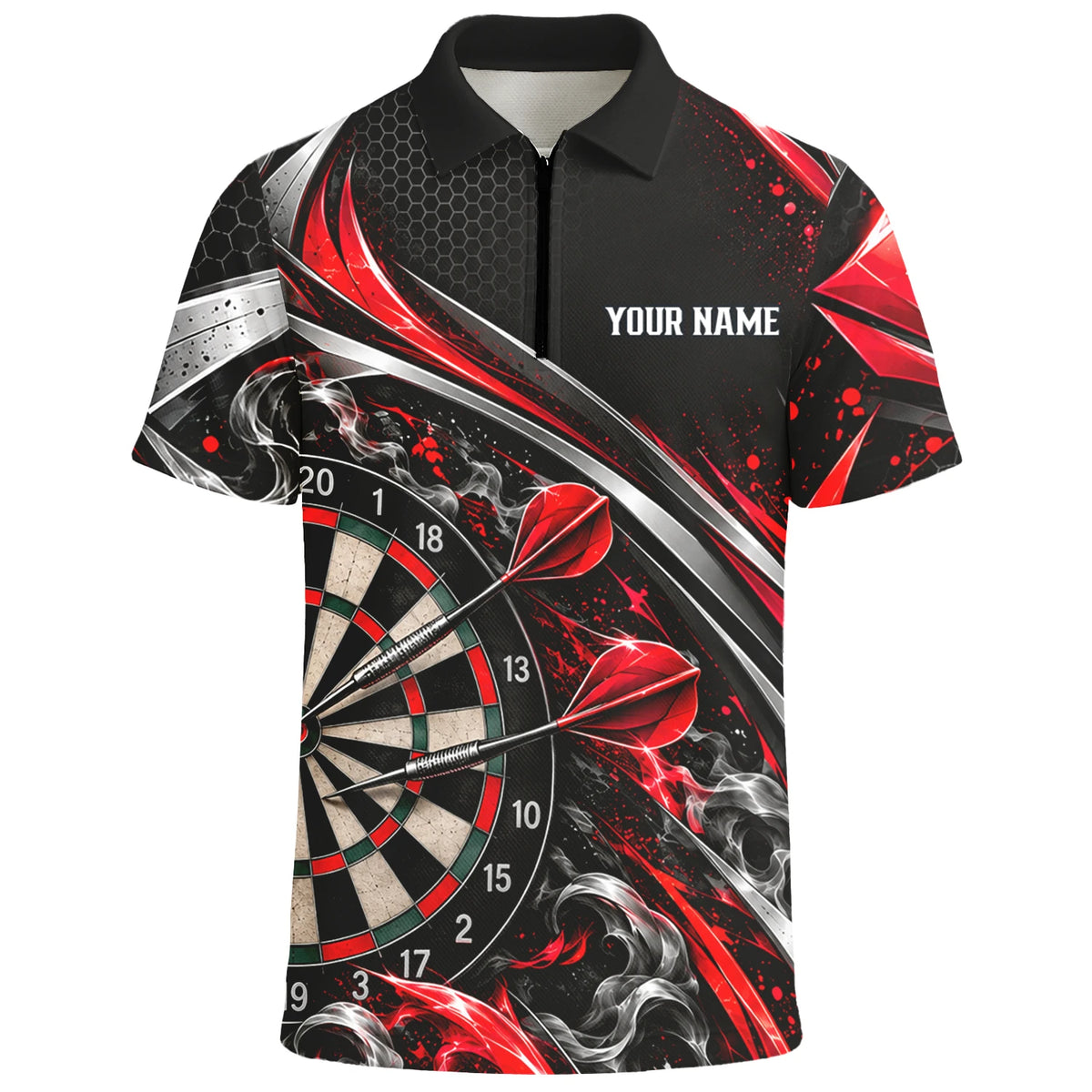 Personalisiertes Dartshirt in Schwarz, Rot und Silber mit geschwungenen Linien und Dartscheibe für Herren L9172